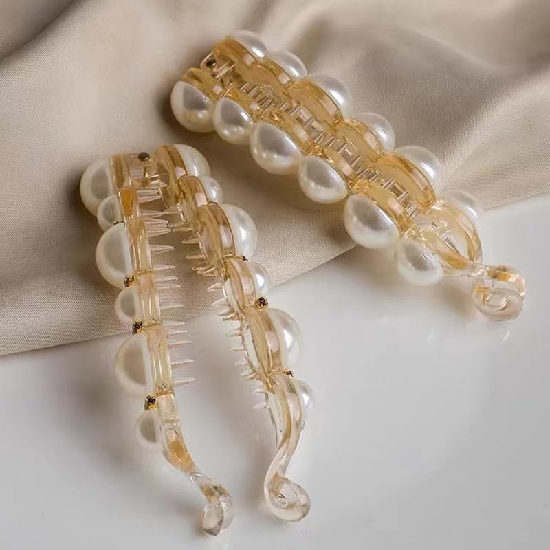Elegant Pearl Hair Clip with Rhinestones - Banana Clip Ponytail Holder for Women & Girls - Perfect for Weddings, Parties & Everyday Styling (White, Pack of 1)