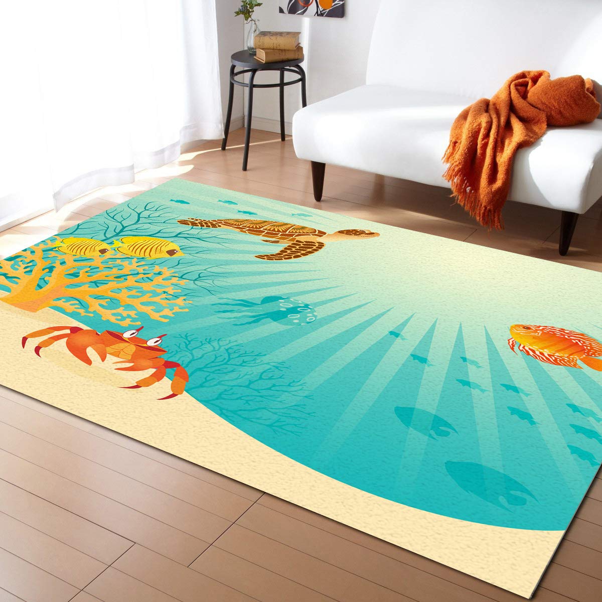4' x 6' Washable Turtle Area Rug - Cartoon Beach Sea Theme with Fish & Crab Design - Indoor/Outdoor Non-Slip Carpet for Living Room, Kids Bedroom, Bathroom, Classroom - Perfect for Beach House Decor, Playroom Floor Mat, or Coastal Themed Nursery