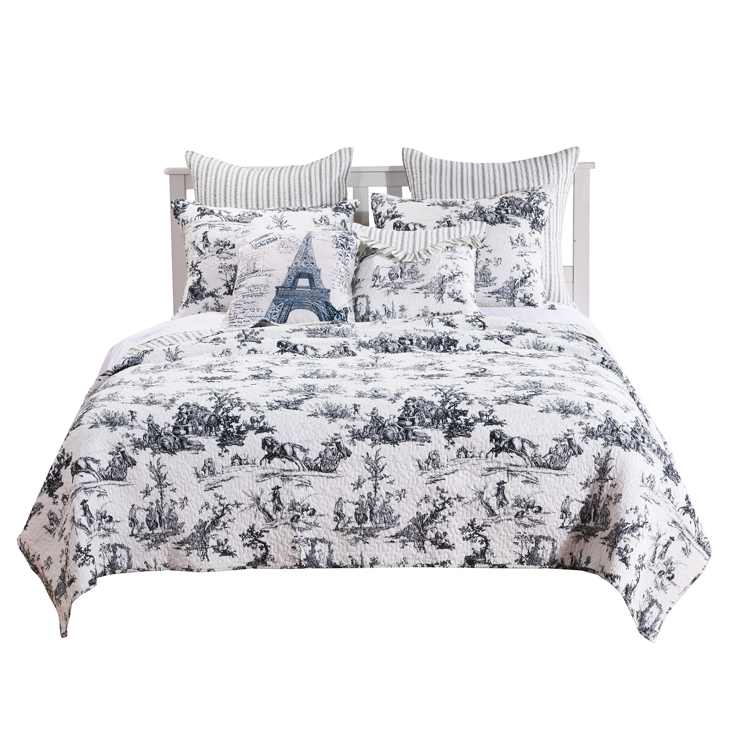 Greenland Home Classic Toile Quilt Set King Size - Elegant Black Bedding for Master Bedroom, Luxury Hotel Style Quilt Cover with Matching Pillow Shams - Perfect for Guest Rooms, Airbnb & Upscale Bedroom Decor