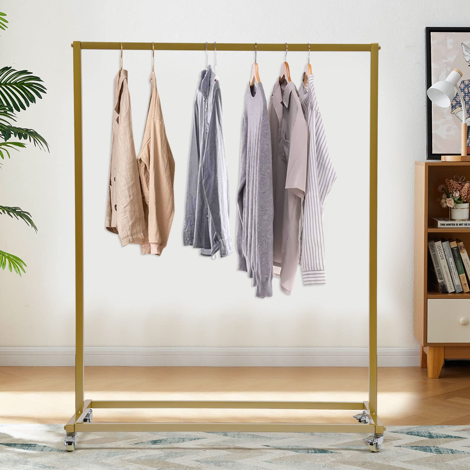 TBVECHI Heavy Duty Rolling Garment Rack - Gold Metal Clothes Rack with Wheels, Portable Clothing Organizer for Bedroom, Living Room & Closet - Perfect for Laundry Room, Dorm Storage & Boutique Display
