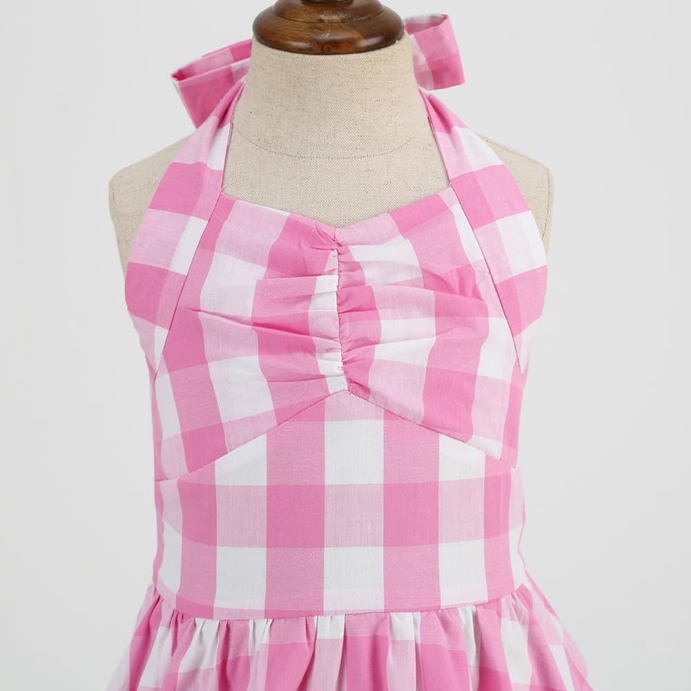 Vintage 50s Pin Up Rockabilly Dress for Girls - Sweetheart Neckline Halter Plaid Ruffle Dress in Pink Gingham | Perfect for Birthday Parties, Photo Shoots & Retro Fashion Events