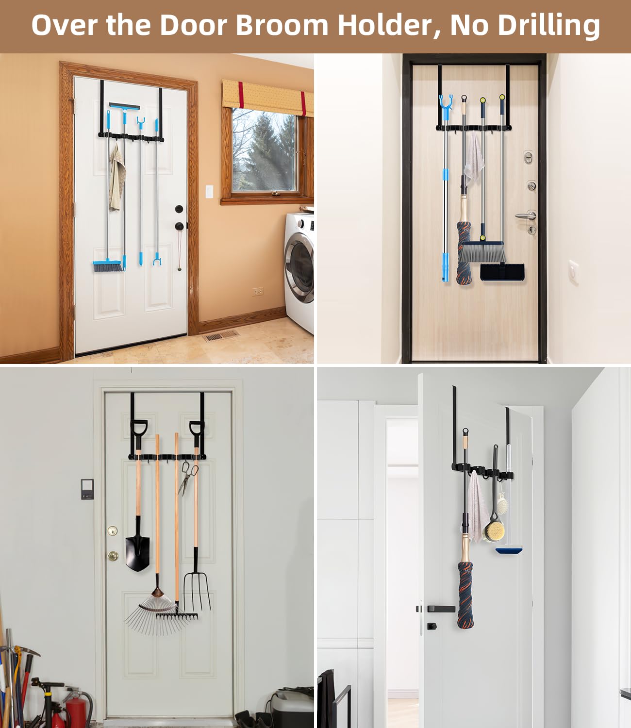 Stainless Steel Broom Holder - Over The Door or Wall Mounted Mop & Broom Hanger with Hooks - Heavy Duty 304 Steel Broom Storage Organizer for Garage, Closet, Laundry Room - Perfect for Cleaning Tools Organization
