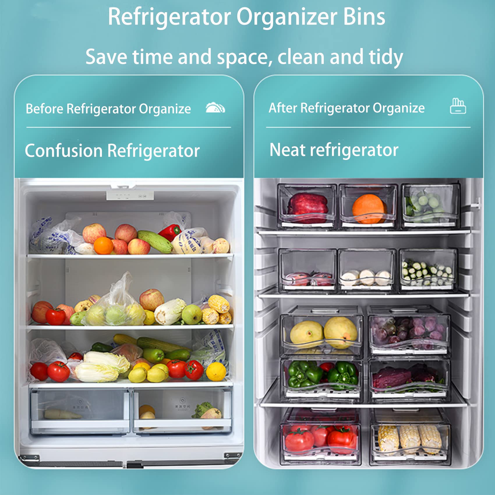Stackable Refrigerator Organizer Bins - 2 Large BPA-Free Fridge Drawer Organizers for Food Storage | Perfect for Home Kitchen, BBQ Party & Restaurant Use | Reusable & Space-Saving Kitchen Containers