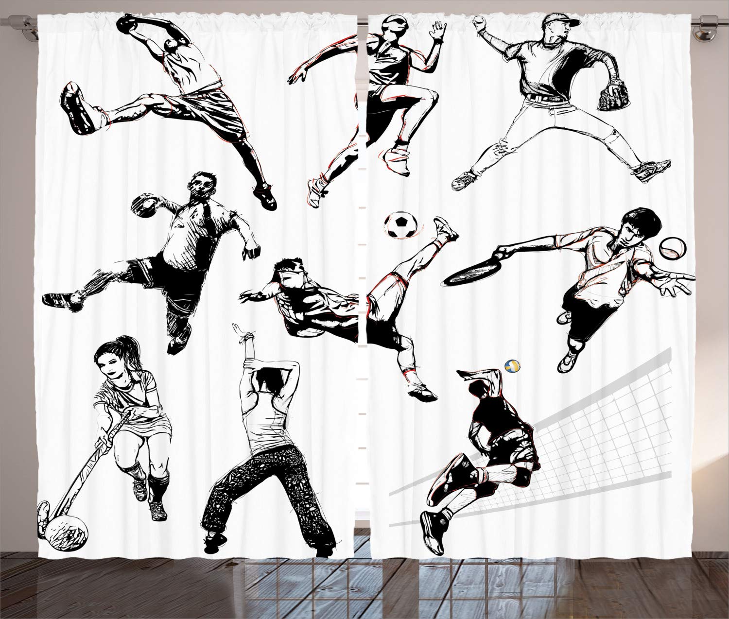 Ambesonne Athletic Sketch Curtains - Black and White Sports Themed Artwork with Muscular Athletes in Dynamic Poses - 2 Panel Set (108