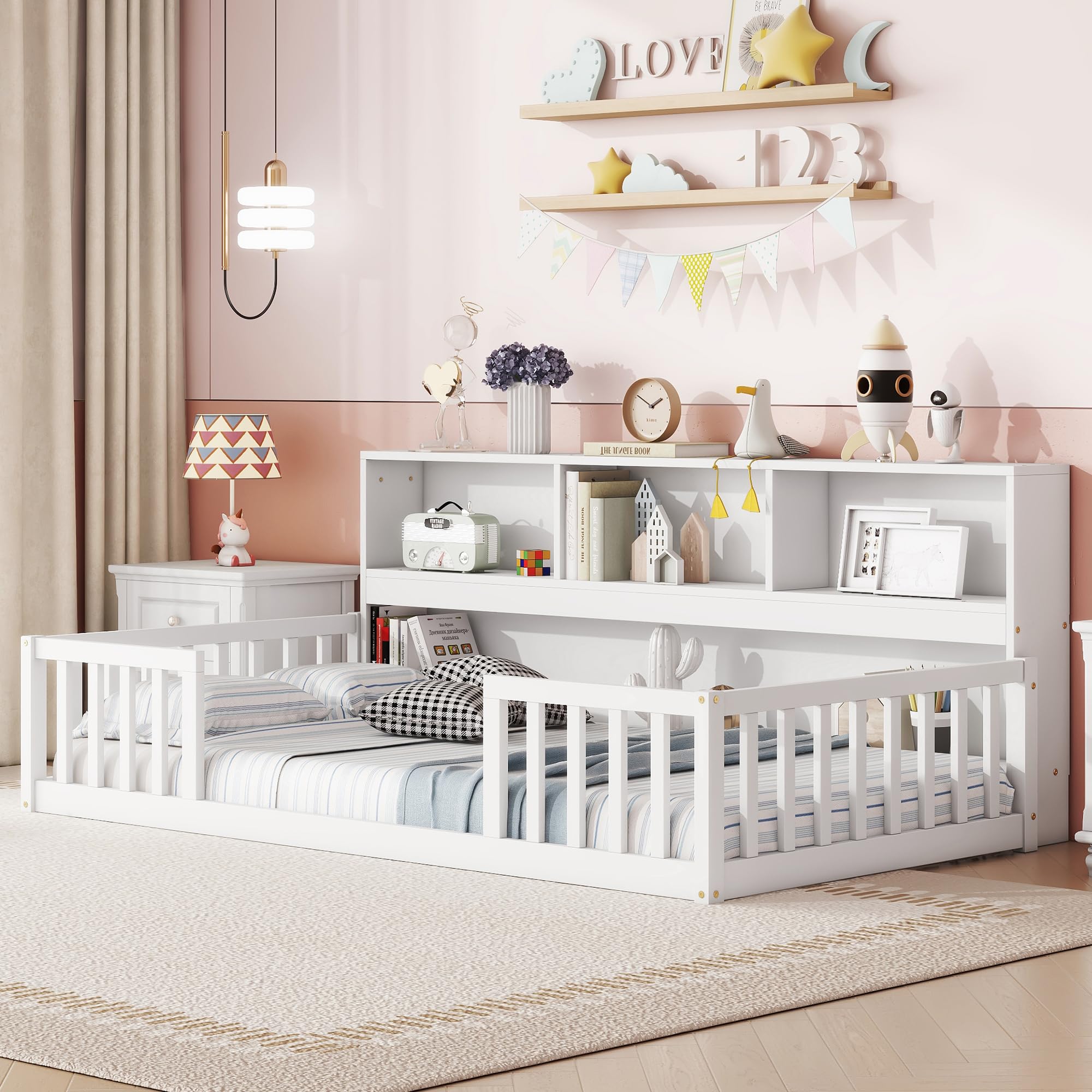 Bellemave Montessori Floor Bed for Kids - Twin Size with Bookcase & Shelves - Sturdy Wooden Bed Frame for Boys & Girls - White - Perfect for Montessori Bedrooms, Playrooms & Cozy Reading Nooks