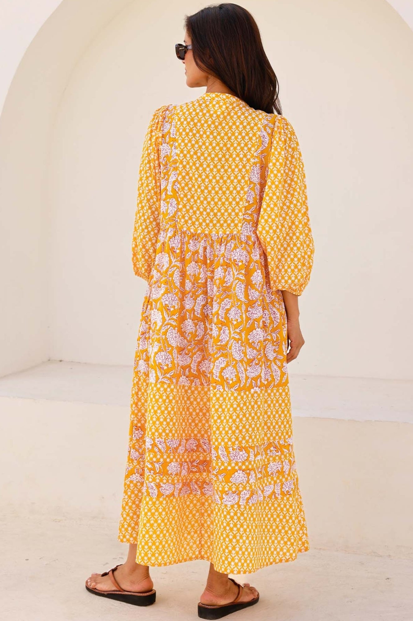 Martha Organic Cotton Mix Print Dress | Dianthus Print Yellow/White Floral Summer Dress for Women - Perfect for Beach Vacation, Garden Party & Casual Outings