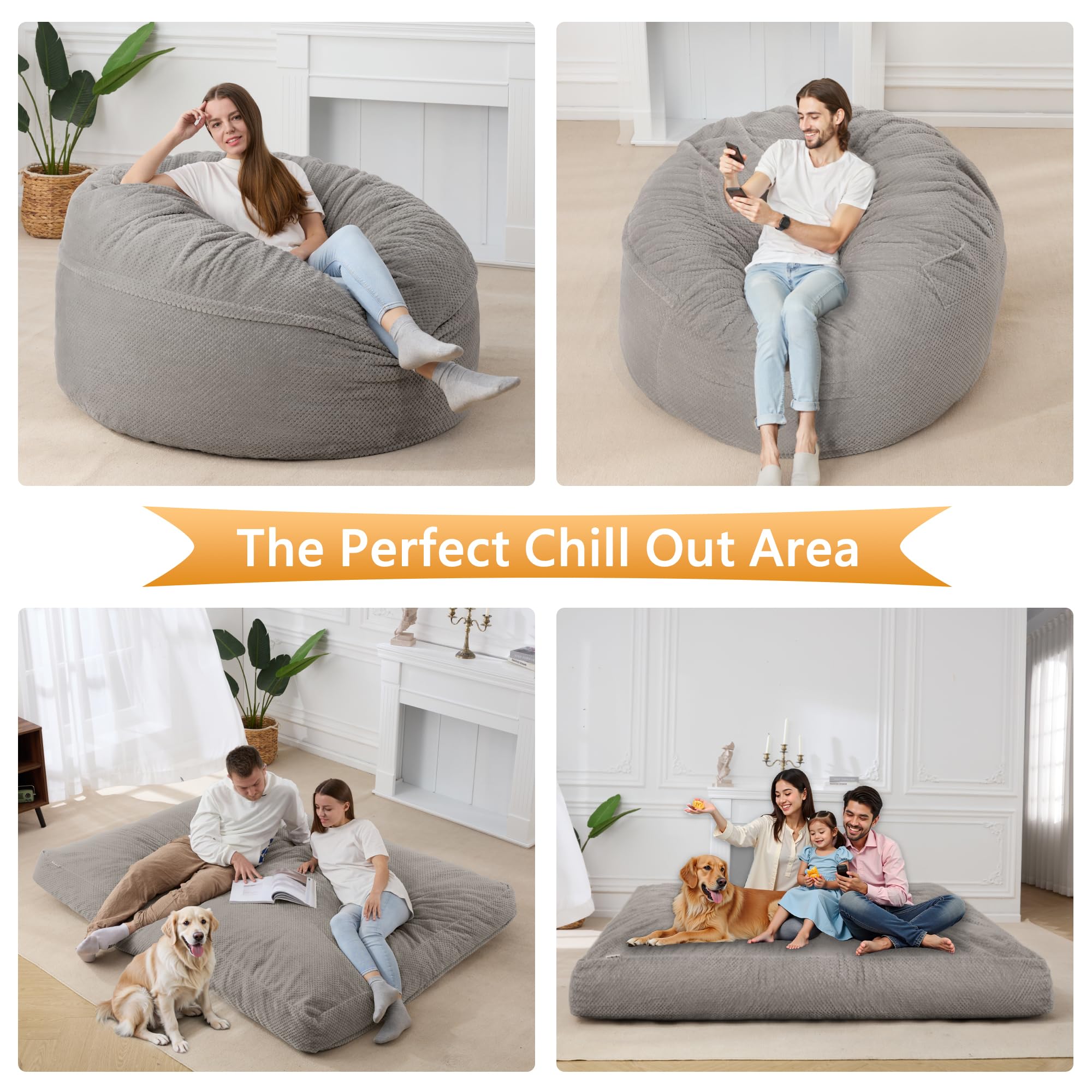 HABUTWAY Giant Chenille Bean Bag Chair - Ultra Soft Washable Cover, Convertible from Chair to Mattress - Large Comfortable Bean Bag for Adults, Couples & Family (Grey Queen) - Perfect for Living Room, Bedroom, Game Room & Home Theater Relaxation