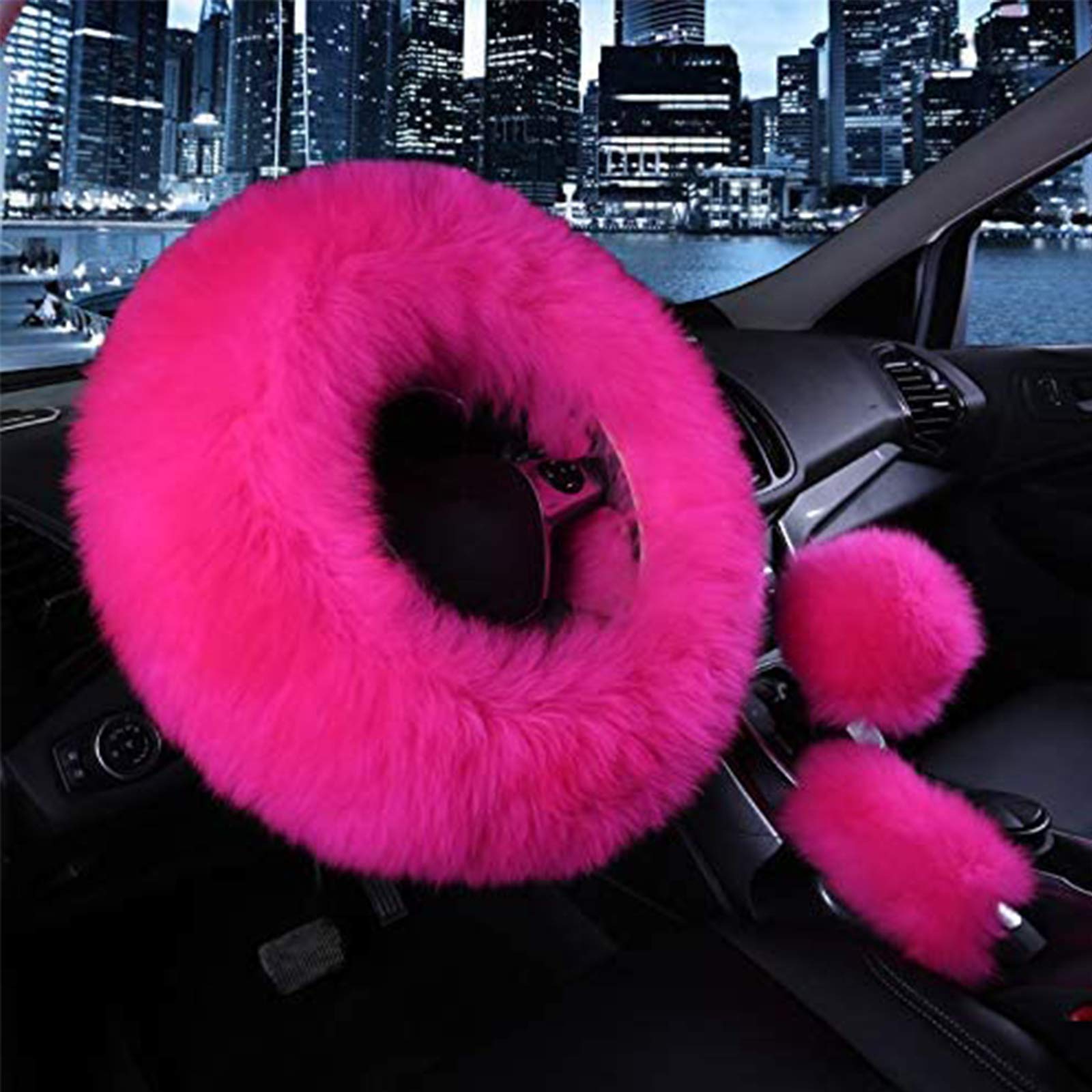 3 Pcs Winter Car Steering Wheel Cover Set - Faux Wool Warm Steering Wheel Cover, Handbrake Cover & Gear Shift Cover (Rose Red) for Cold Weather Driving Comfort