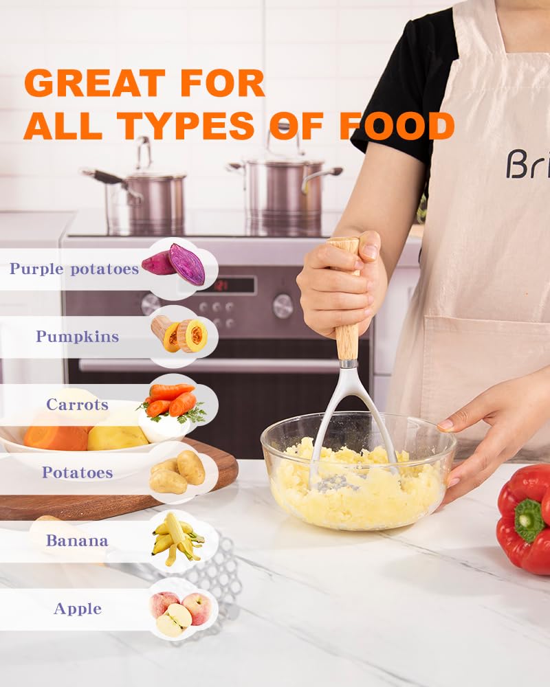 Premium Wooden Handle Potato Masher - Heavy Duty Aluminum Alloy Manual Potato Press & Ricer for Fluffy Mashed Potatoes - Perfect Kitchen Tool for Thanksgiving, Baby Food & Home Cooking