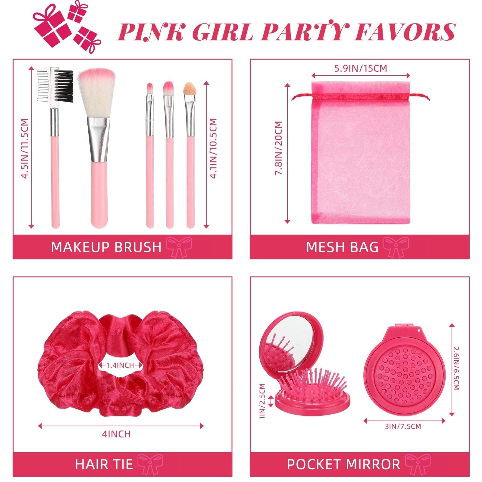 Pink Girls Party Favors Set - 48 Pcs Makeup Kit with Gauze Bags, Hair Scrunchies, Foldable Mirror & Brushes - Perfect for Birthday Parties, Sleepovers, Dress-Up Play and Gift Bags
