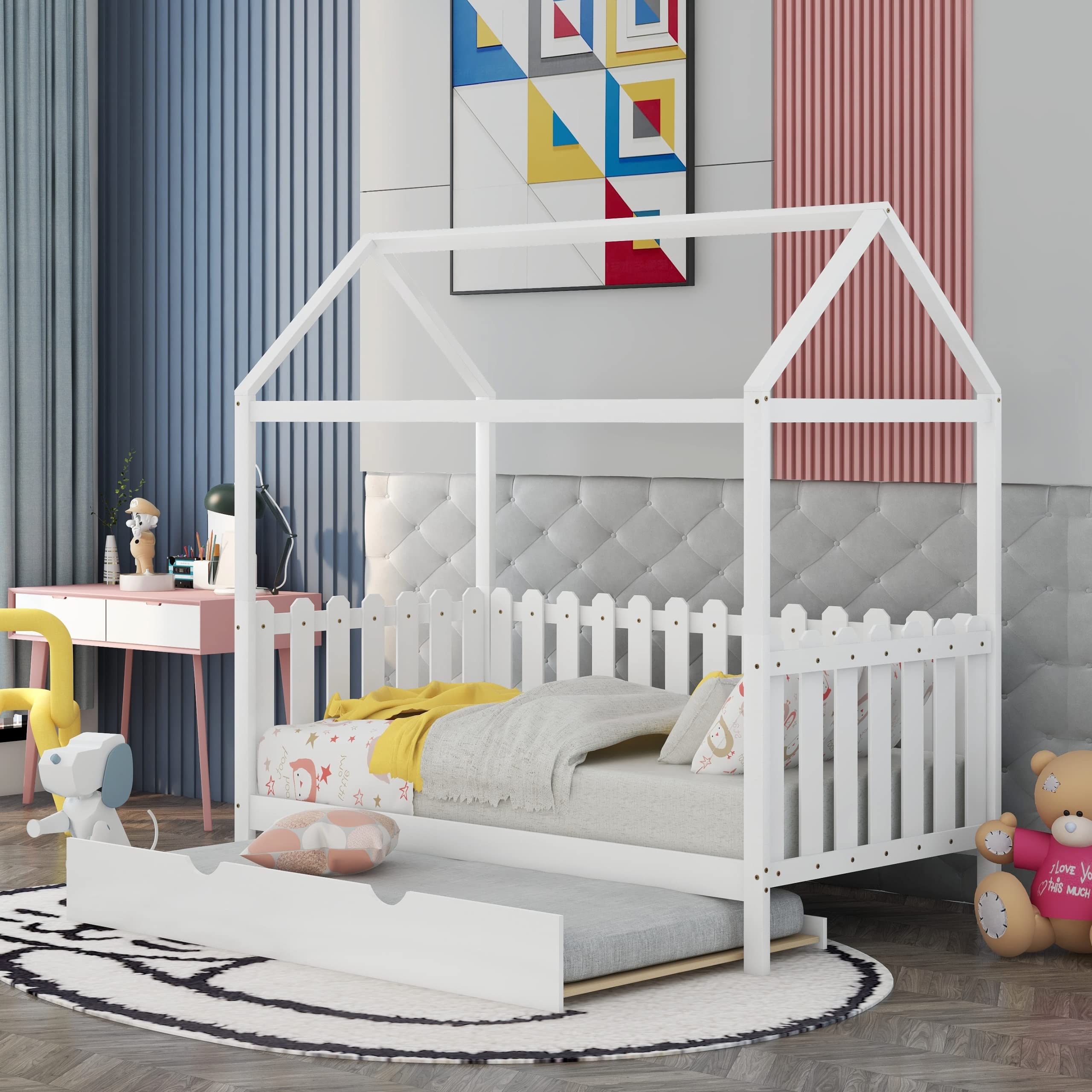Harper & Bright Designs Twin Daybed with Trundle - White Wooden House Bed for Kids with Fence-Shaped Guardrail - Convertible Children's Bed for Playroom, Guest Room or Nursery Decor