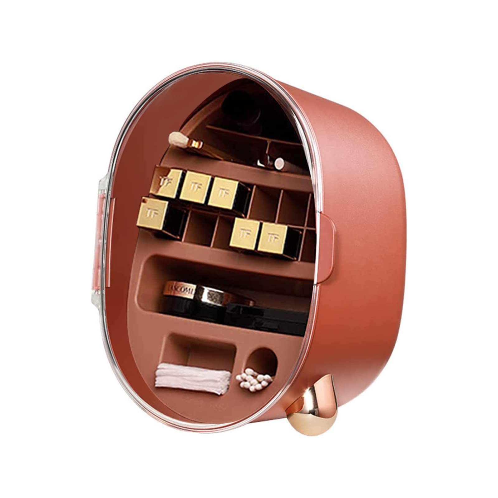 Luxury Desktop Cosmetics Organizer with Multi-Grid Design - Lipstick, Eyebrow Pencil, Eyeliner, Mascara, Loose Powder & Makeup Brush Storage | Perfect for Vanity, Bathroom Counter & Travel (Red-Brown)