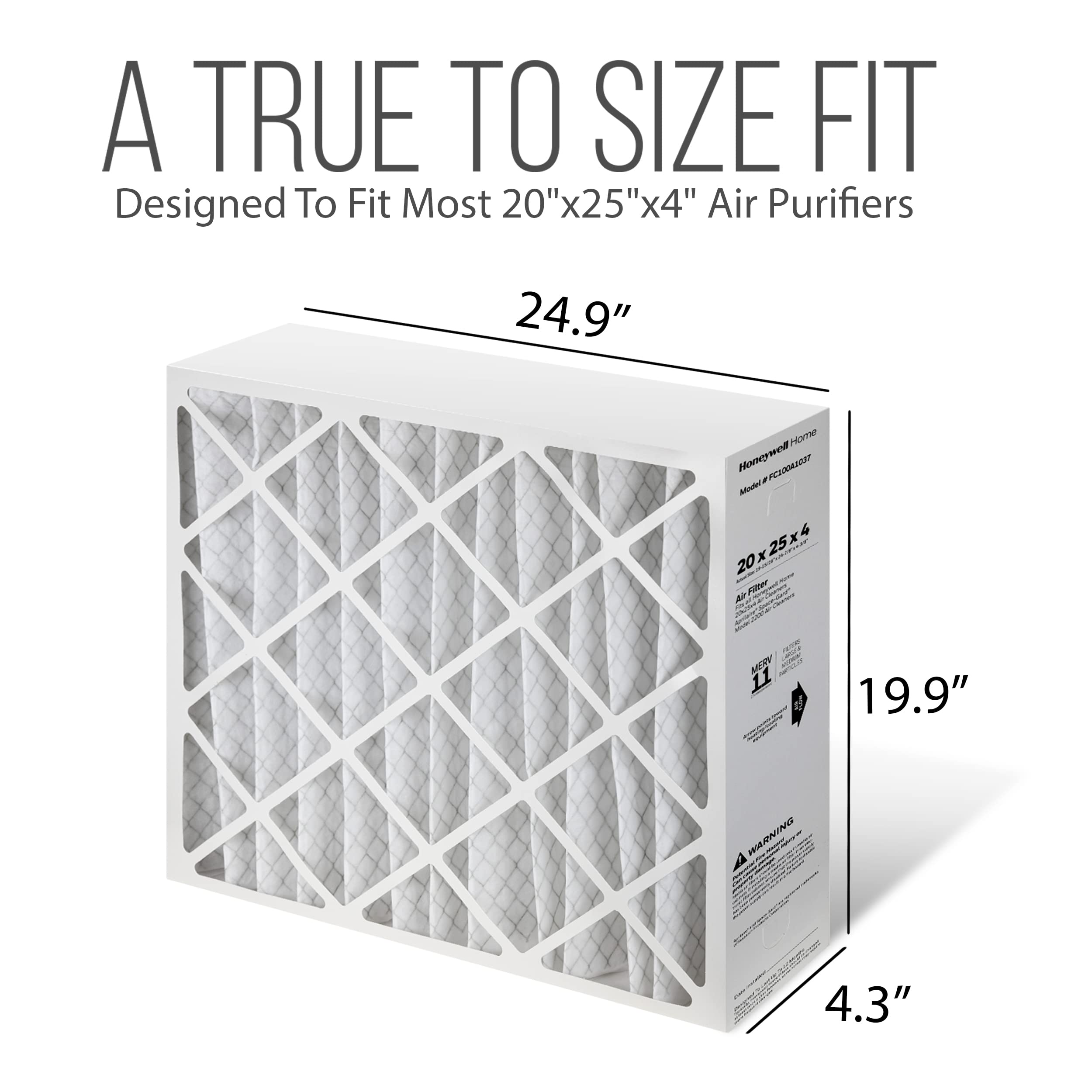 Honeywell FC100A1037 20x25x4 MERV 11 Air Filter 4-Pack - Replacement Furnace & AC Filters (19.94x24.86x4.38 Inches) with Disposable Bags - Ideal for Home HVAC Systems, Allergies & Dust Control