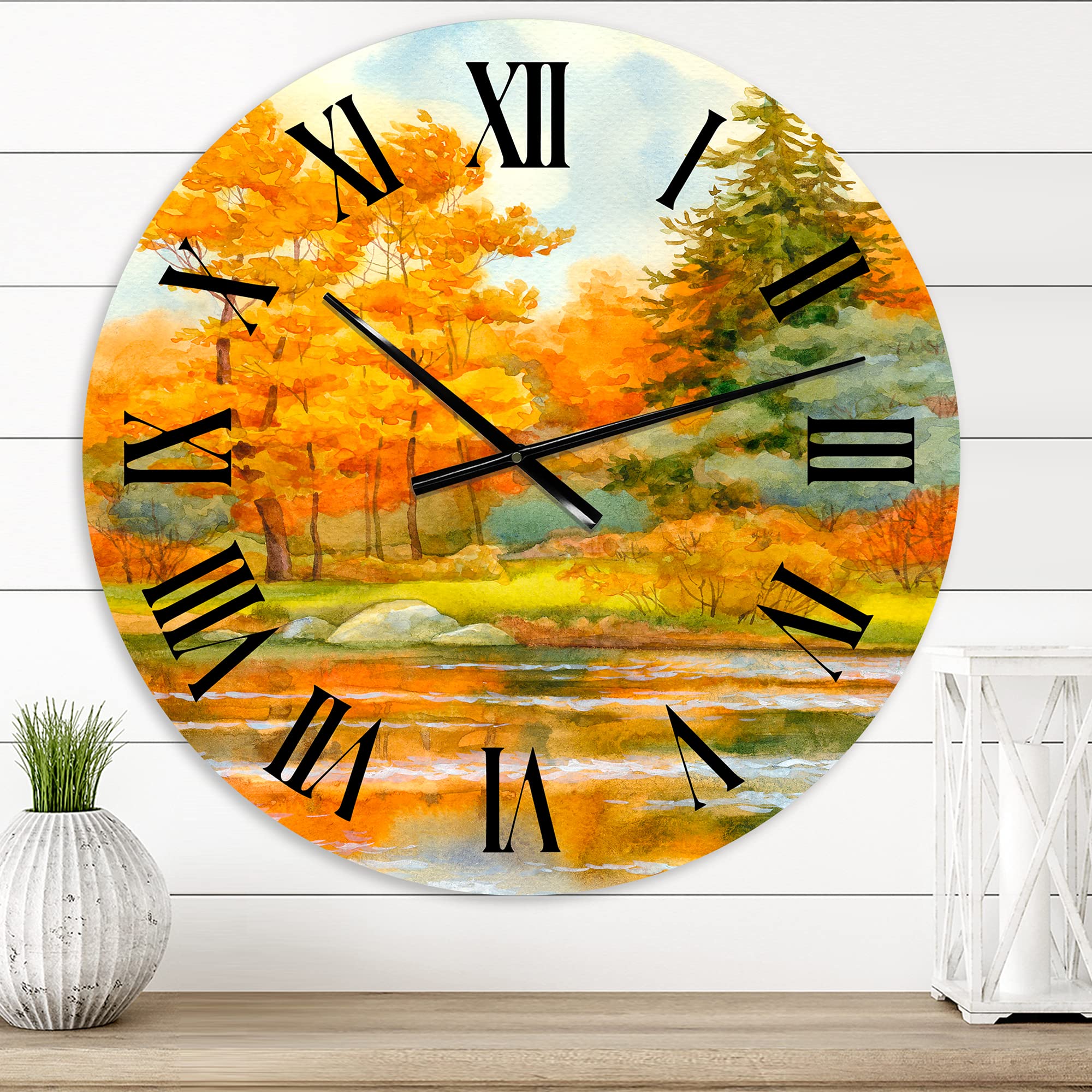 Autumnal Forest by The Lake Side IV - Large Lake House Wall Clock for Kitchen, Living Room & Office Decor | Nature Landscape Wall Art | Silent Non-Ticking Battery Operated Clock