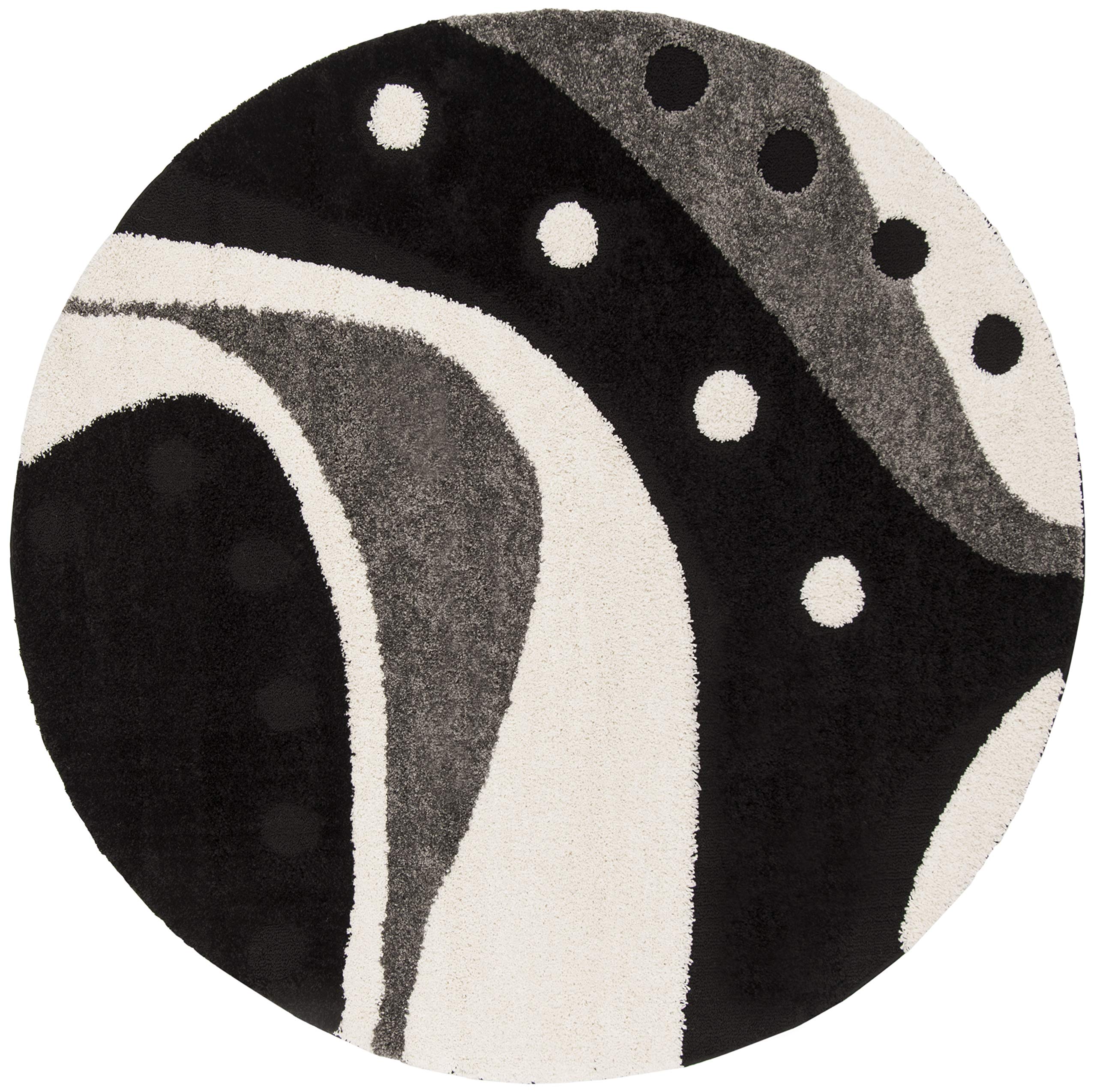 SAFAVIEH Florida Shag Collection 4' Round Black/Ivory SG473 Mid-Century Modern Abstract Non-Shedding Area Rug - 1.2-inch Thick Plush Carpet for Living Room, Bedroom, Dining Room & Entryway | Perfect for Boho Chic Decor & Cozy Home Spaces