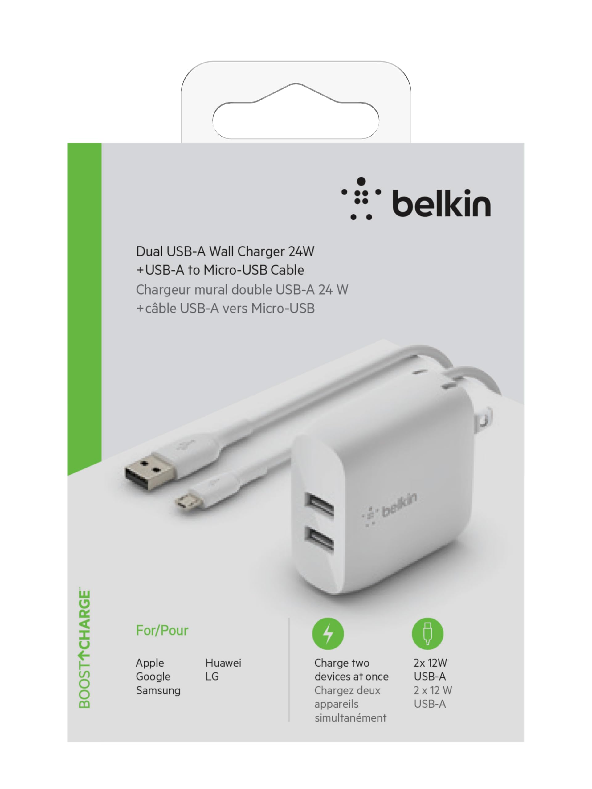 Belkin 24W Dual Port USB Wall Charger with Micro USB Cable - Fast Charging for iPhone, Power Bank, Wireless Headphones & Smartphones - Perfect for Travel, Office & Home Use