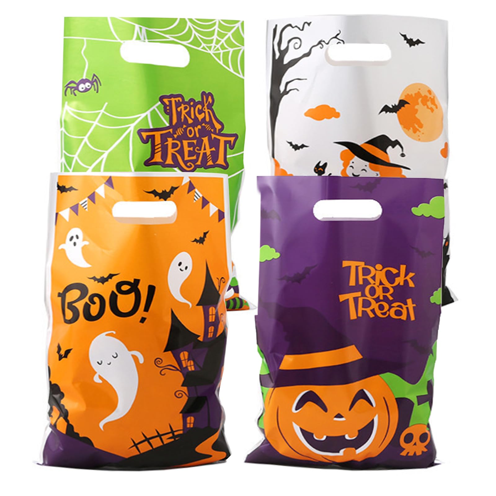 Jocomoni 100Pcs Halloween Goodie Bags with Handles - Plastic Trick or Treat Candy Bags for Halloween Party Favors & Supplies - Perfect for Classroom Treats, Neighborhood Trick-or-Treating & Halloween Events