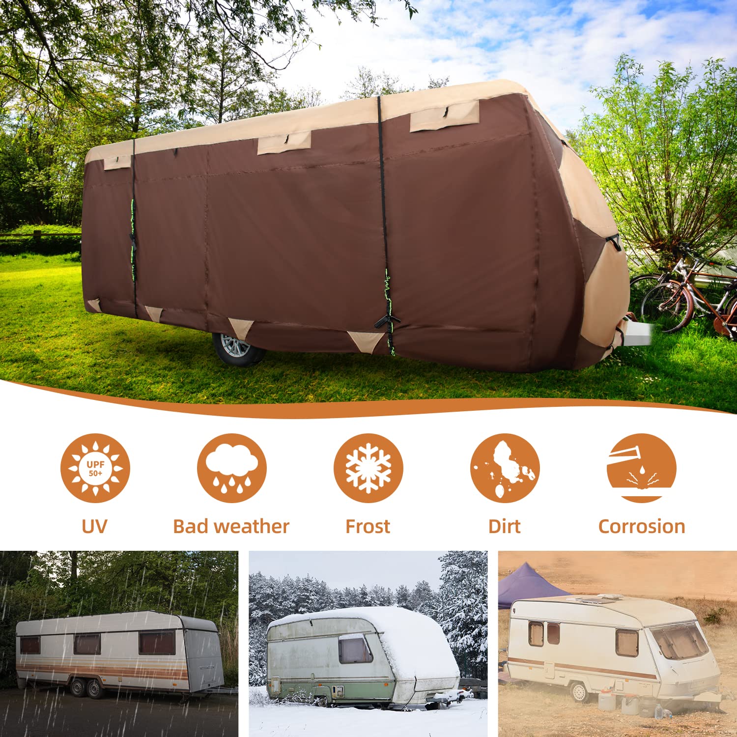 14-16 ft RV Cover, Travel Trailer Cover - Waterproof, Rip-Resistant, Anti-UV, 7-Layer Ripstop Camper Cover with Windproof Straps | Perfect for Outdoor Storage, Winter Protection & Long-Term Travel Trailer Shelter
