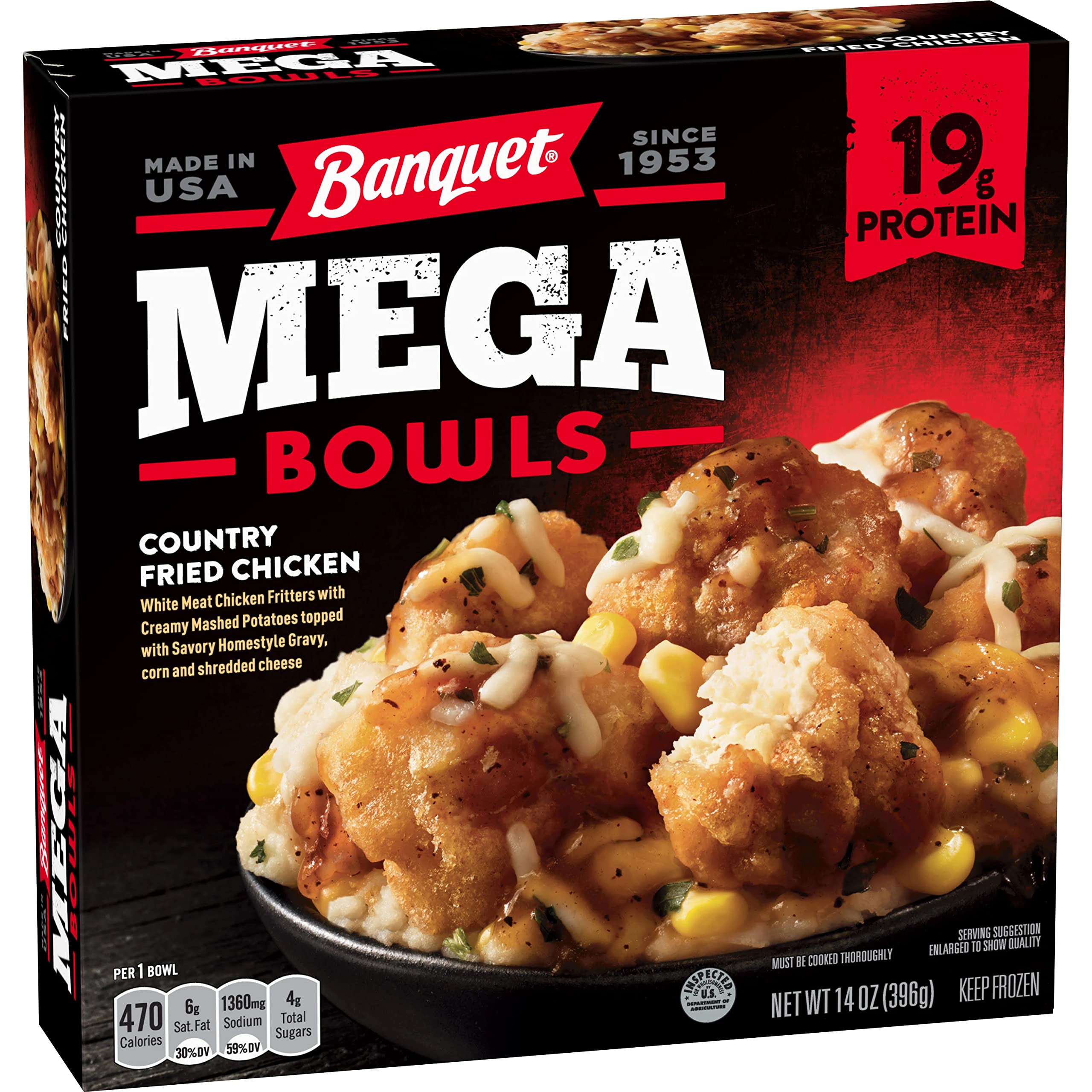 Gourmet Kitchn Banquet Mega Bowls Country Fried Chicken - High Protein Frozen Meal, 6 Pack (14 Oz Each) | Quick & Easy Dinner, Lunch, or Snack for Busy Families & Office Workers
