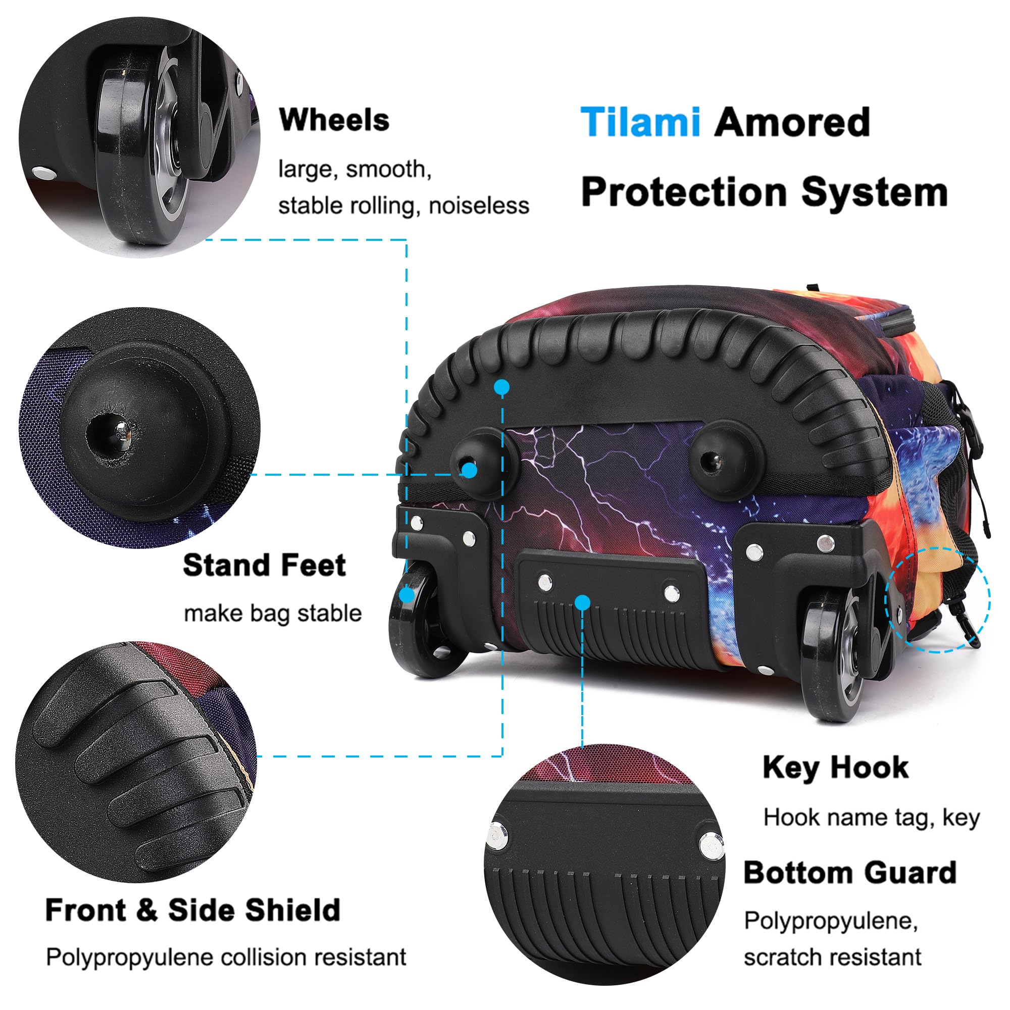 Tilami 19 Inch Rolling Backpack with Lunch Box - Wheeled Laptop Backpack for School & Travel - Durable Rugby Black Design - Perfect for Students, Commuters & Business Professionals