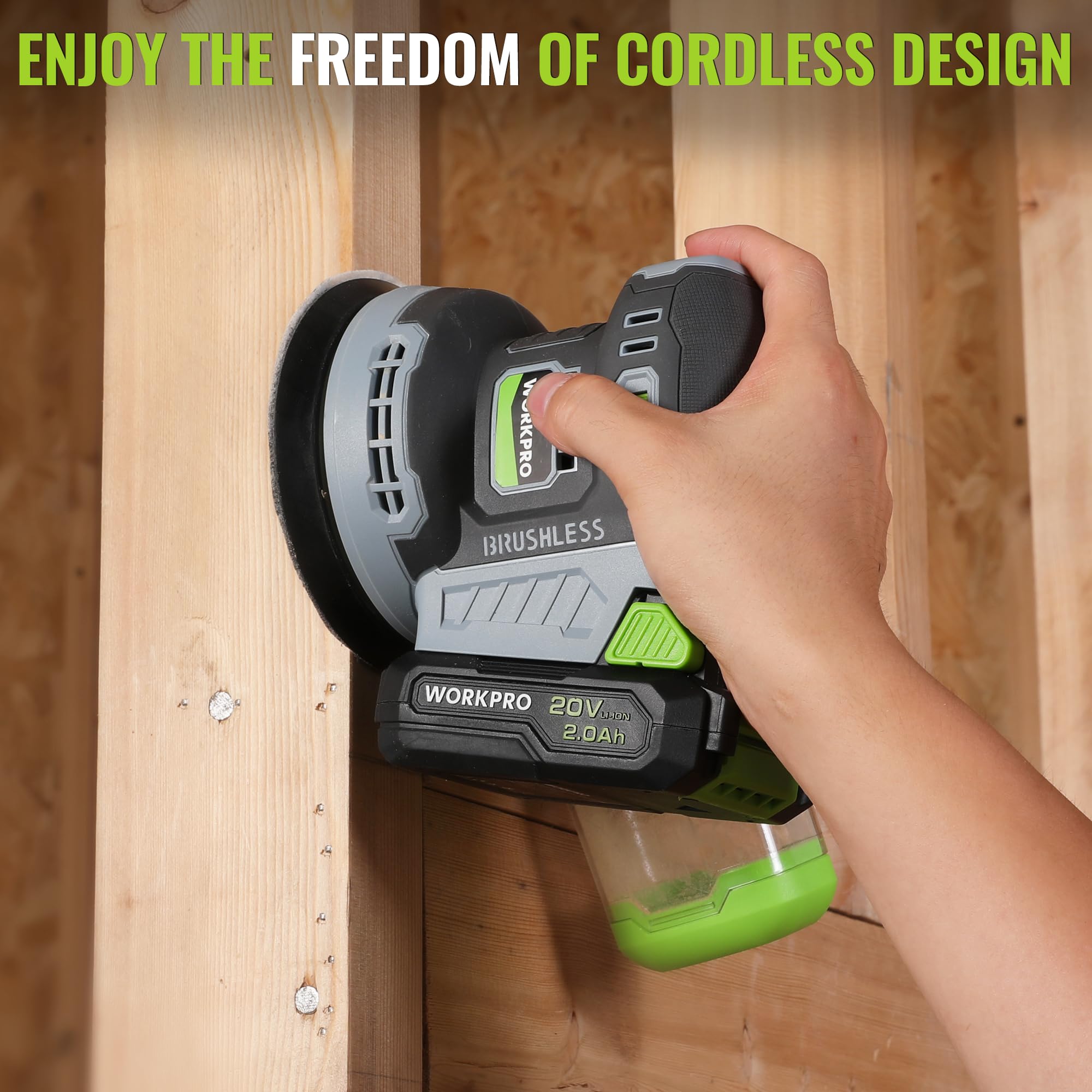 WORKPRO 20V Brushless Cordless Random Orbital Sander - 5 Inch Electric Sander with 6 Variable Speeds (6000-12000 OPM) for Woodworking, Includes Battery, Charger, Dust Collector, Tool Bag & 15 Sanding Discs - Perfect for DIY Projects, Furniture Refinishing & Home Renovation