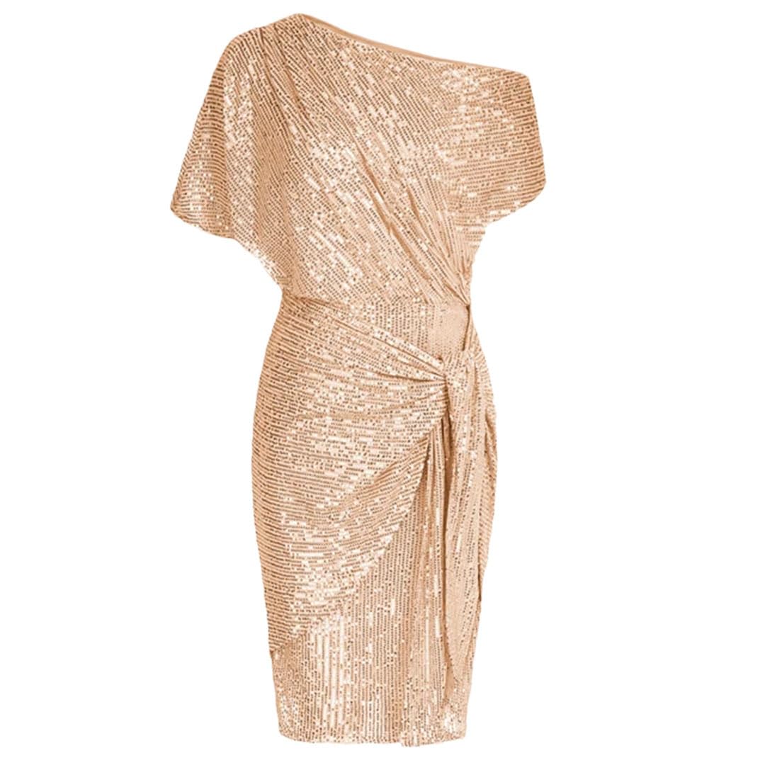 Women's Sequined Cocktail Party Dress - Summer Short Sleeve Ruched Bodycon Dress with Asymmetric Shoulder for Night Out, Club, Wedding Guest & Special Occasions