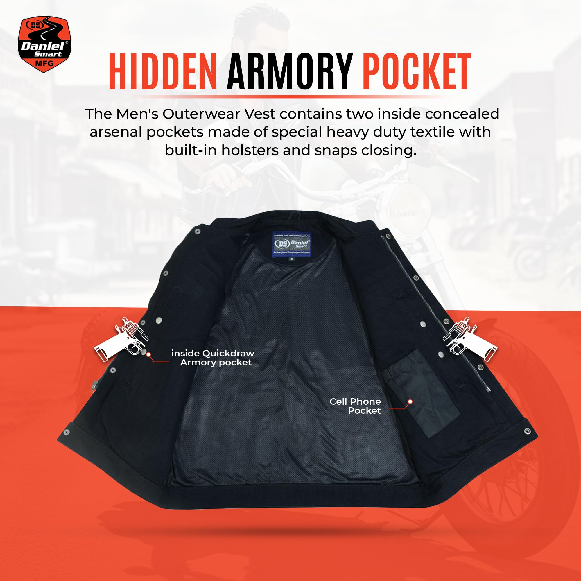 Daniel Smart Men's Denim Vest - Scoop Collar Motorcycle Jacket with Conceal Carry Pockets & Hidden Zipper - Perfect for Biker Rides, Outdoor Adventures & Casual Streetwear