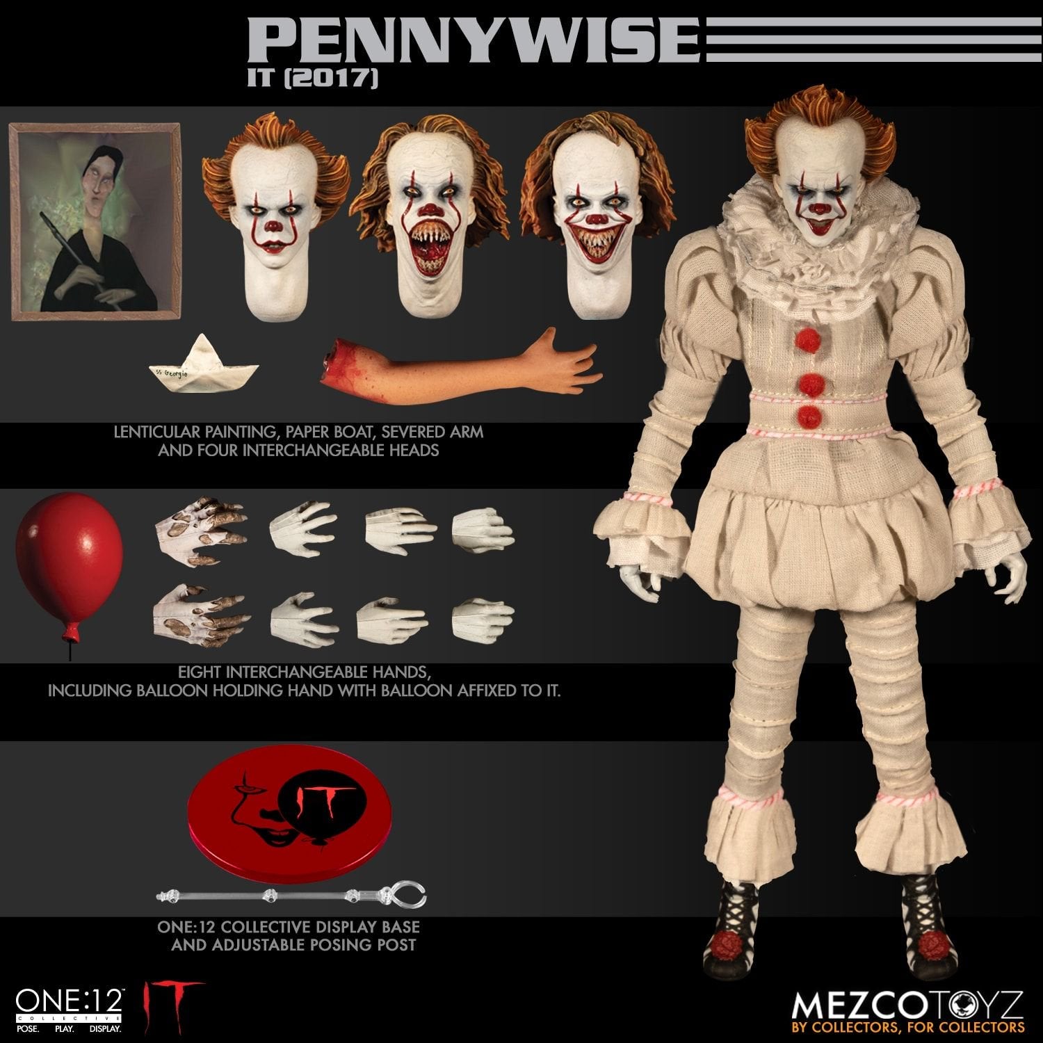 Mezco Toyz One:12 Collective IT (2017) Pennywise 1/12 Scale Action Figure - Horror Movie Collectible for Display & Photography - Perfect for Stephen King Fans & Action Figure Collectors