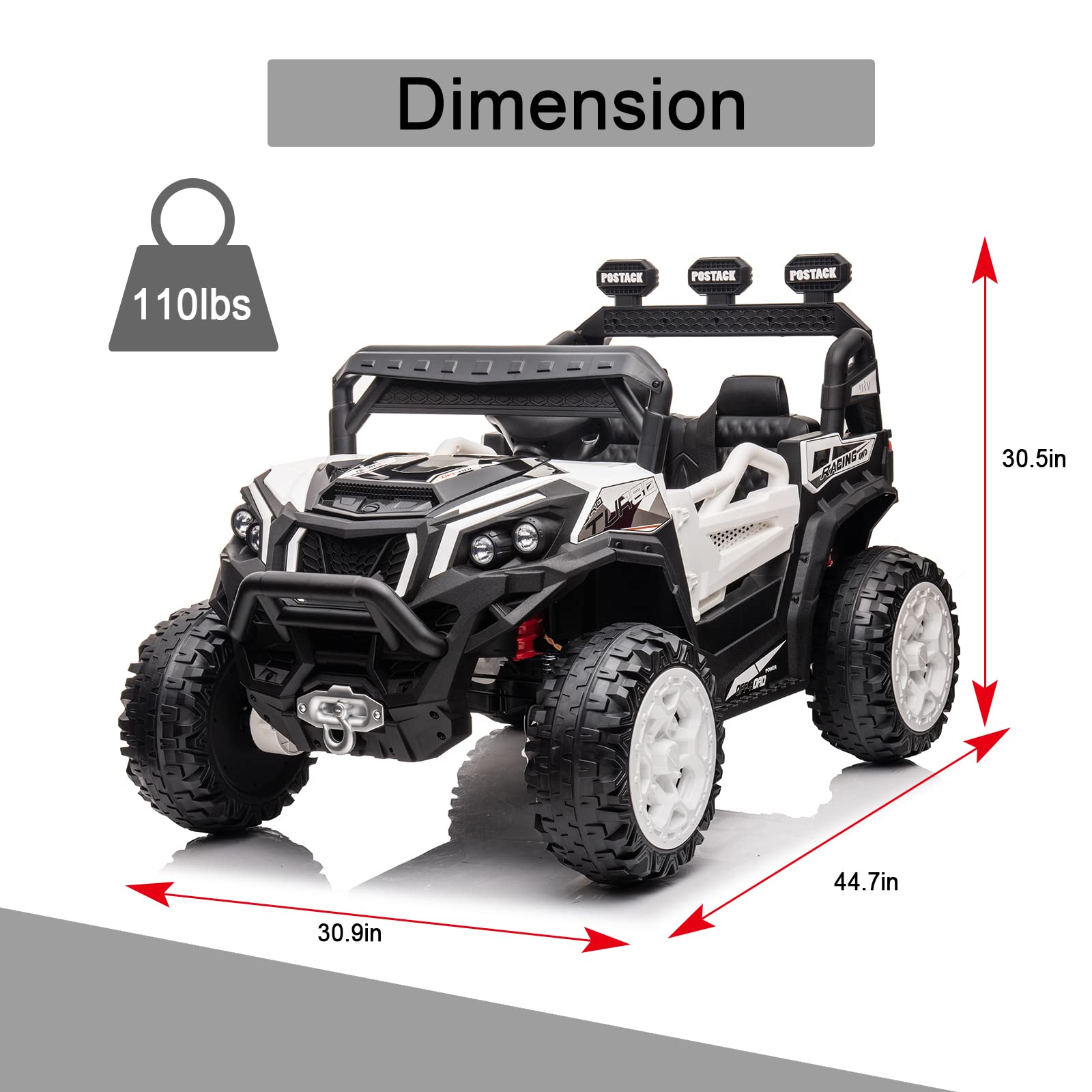 POSTACK 24V Kids Electric Ride On Car with Parent Remote Control - 2WD/4WD Battery Powered Toy UTV with Music, LED Lights, Bluetooth & Storage Trunk - Perfect for Outdoor Play, Birthday Gifts & Family Fun (White)