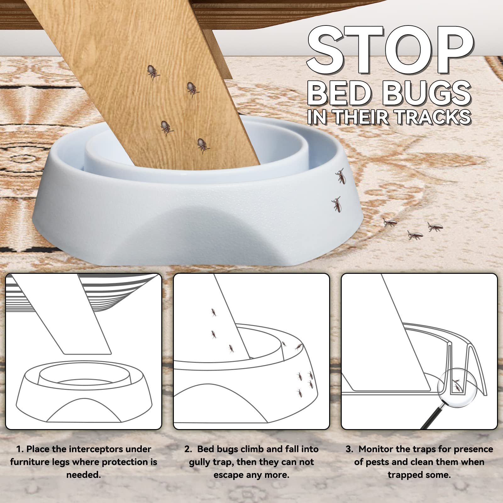 Bed Bug Interceptors with Anti-Skid Pads - 8 Pack White Bed Bug Traps & Detectors for Mattress, Furniture & Travel Use