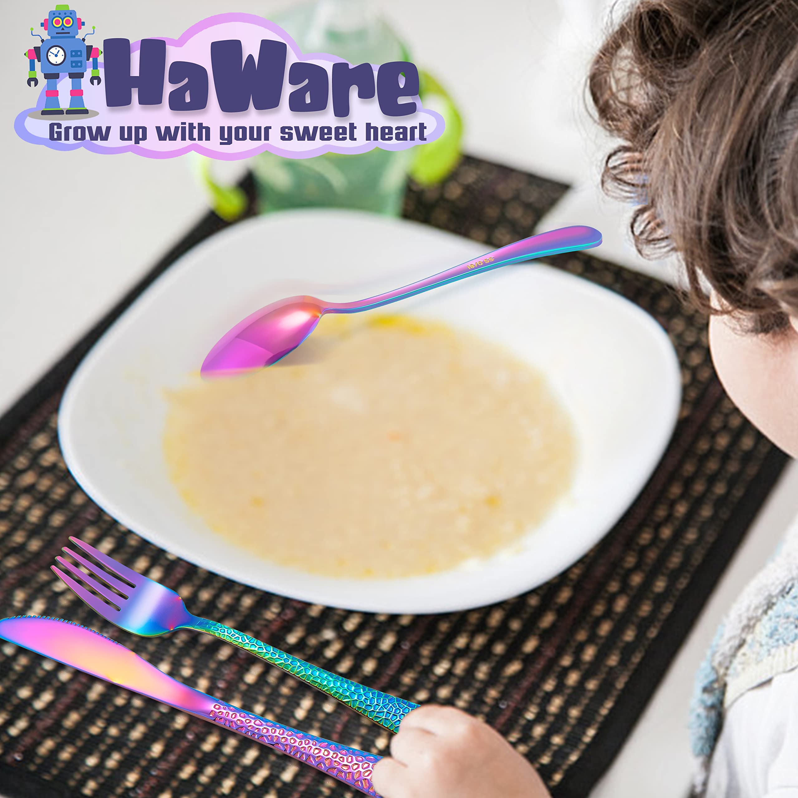 HaWare 9-Piece Stainless Steel Toddler Silverware Set - Kids Flatware with 3 Spoons, 3 Forks & 3 Knives - Hammered Mirror Finish Utensils for Preschoolers - Durable Children's Cutlery for Home, School & Restaurant Use