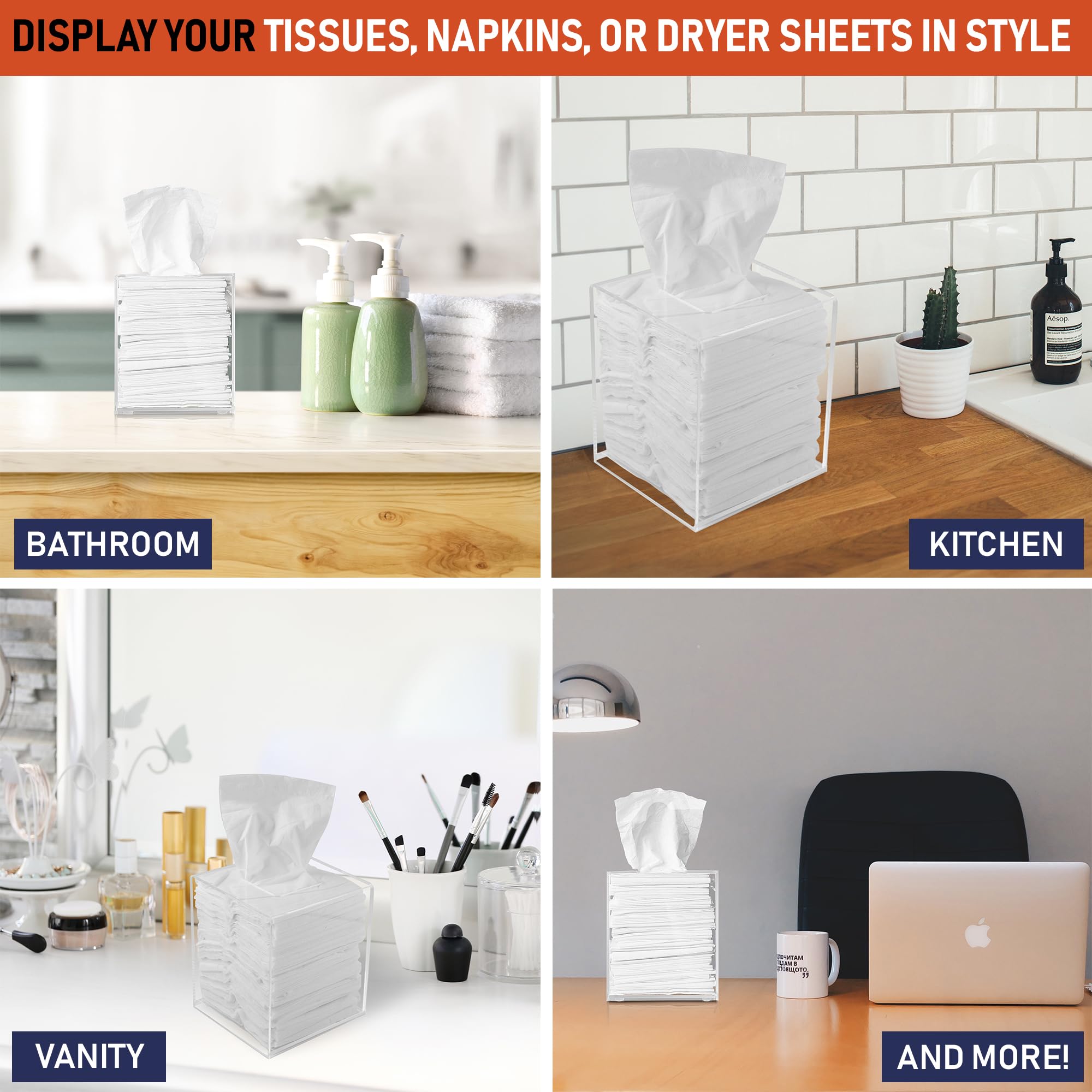 Clear Acrylic Square Tissue Box Holder - Stylish Dispenser for Facial Tissues, Napkins & Dryer Sheets | Perfect for Bathroom Counter, Office Desk, Bedroom Nightstand & Vanity Organizer | Modern Home & Office Decor Accessory