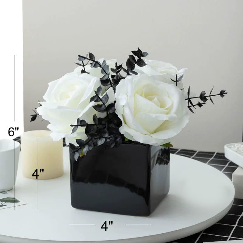 LADADA Artificial Roses in Small Ceramic Vases - White Plastic Flowers for Home, Office & Wedding Decor - Perfect for Table Centerpieces and Interior Design