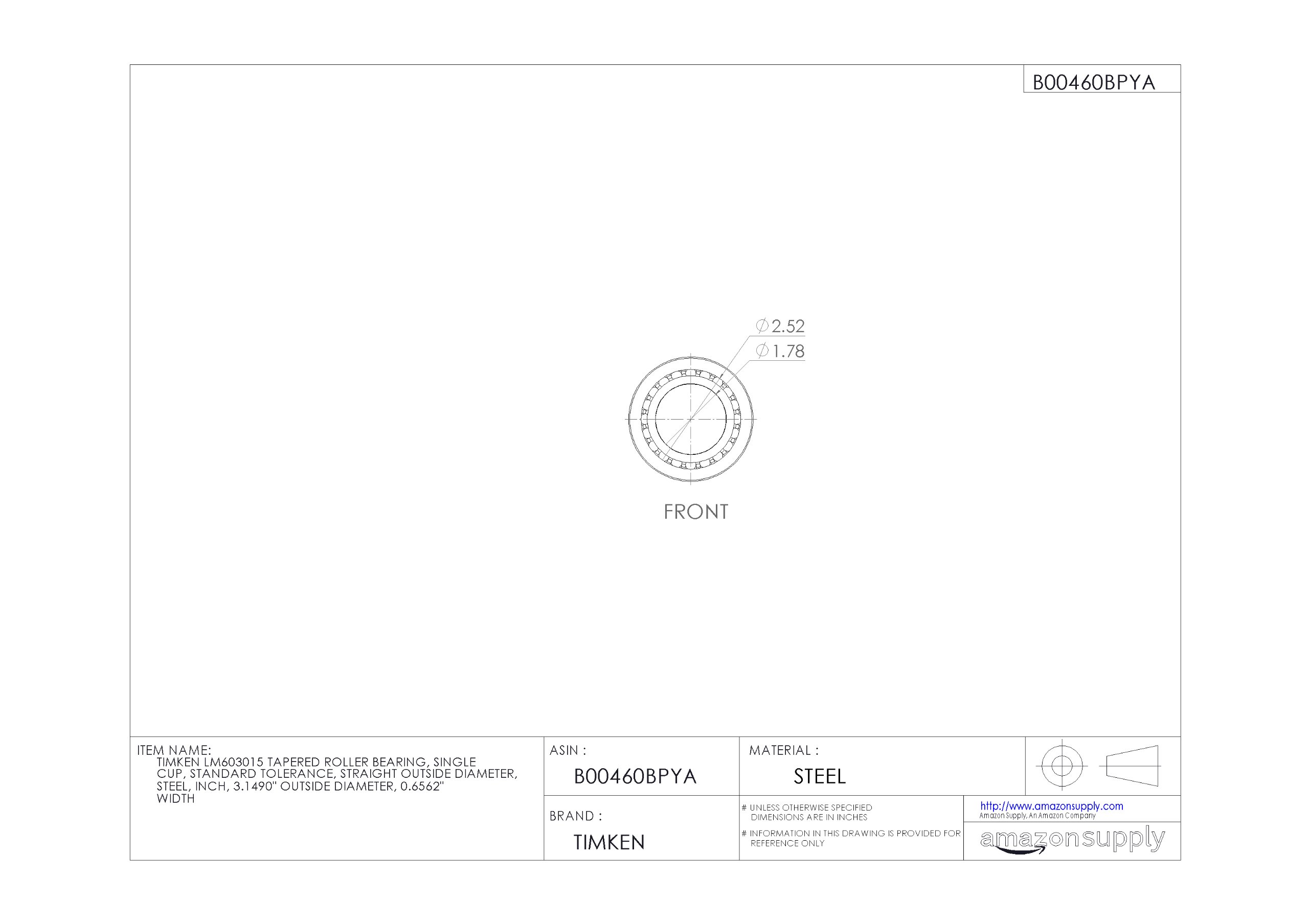 Timken LM603015 Tapered Roller Bearing - Single Cup, Standard Tolerance, Steel Construction, 3.1490