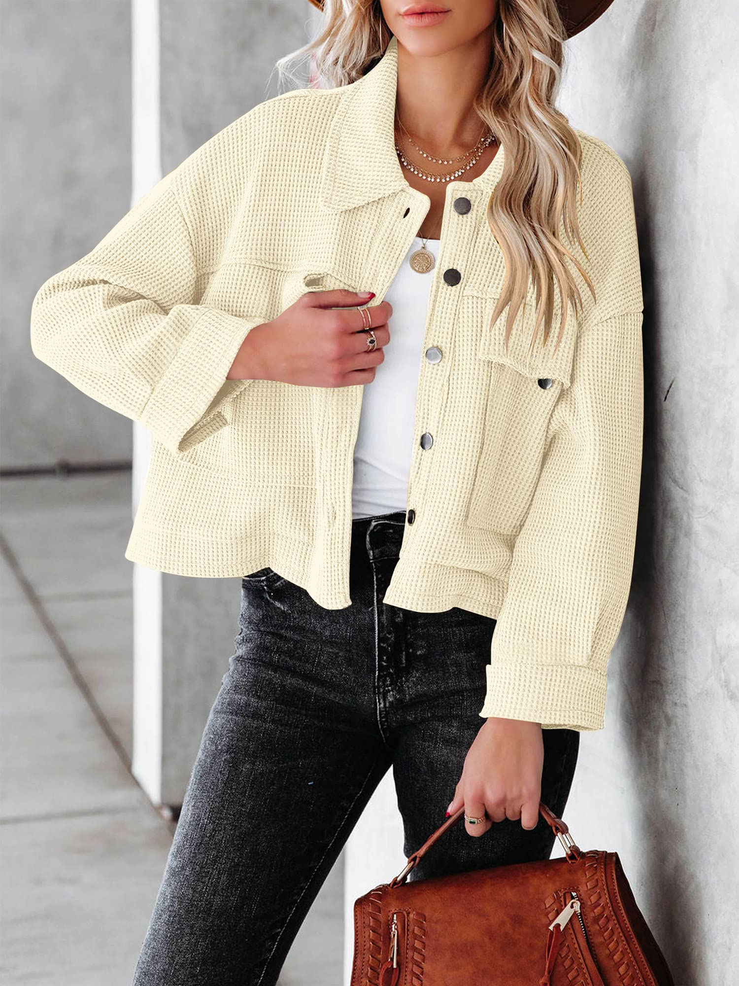 BZB Women's Lightweight Waffle Knit Cropped Shacket Jacket - Long Sleeve Button Down Shirt for Fall & Winter Layering | Casual Outfits, Office Wear & Weekend Brunch
