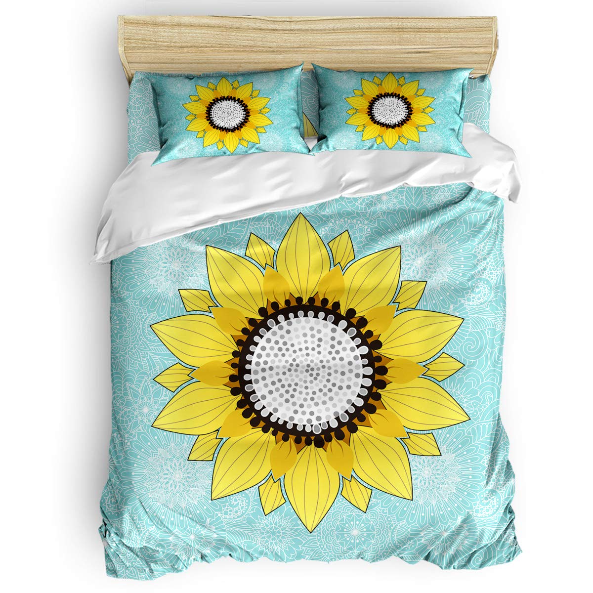 **PartyShow 4-Piece Twin Bedding Set - Round Sketch Sunflower Comforter Cover, Fitted Sheet & 2 Pillowcases for Kids' Bedroom - Soft & Stylish Mandala Teal Design - Perfect for Boys, Girls, Teens & Dorm Rooms**