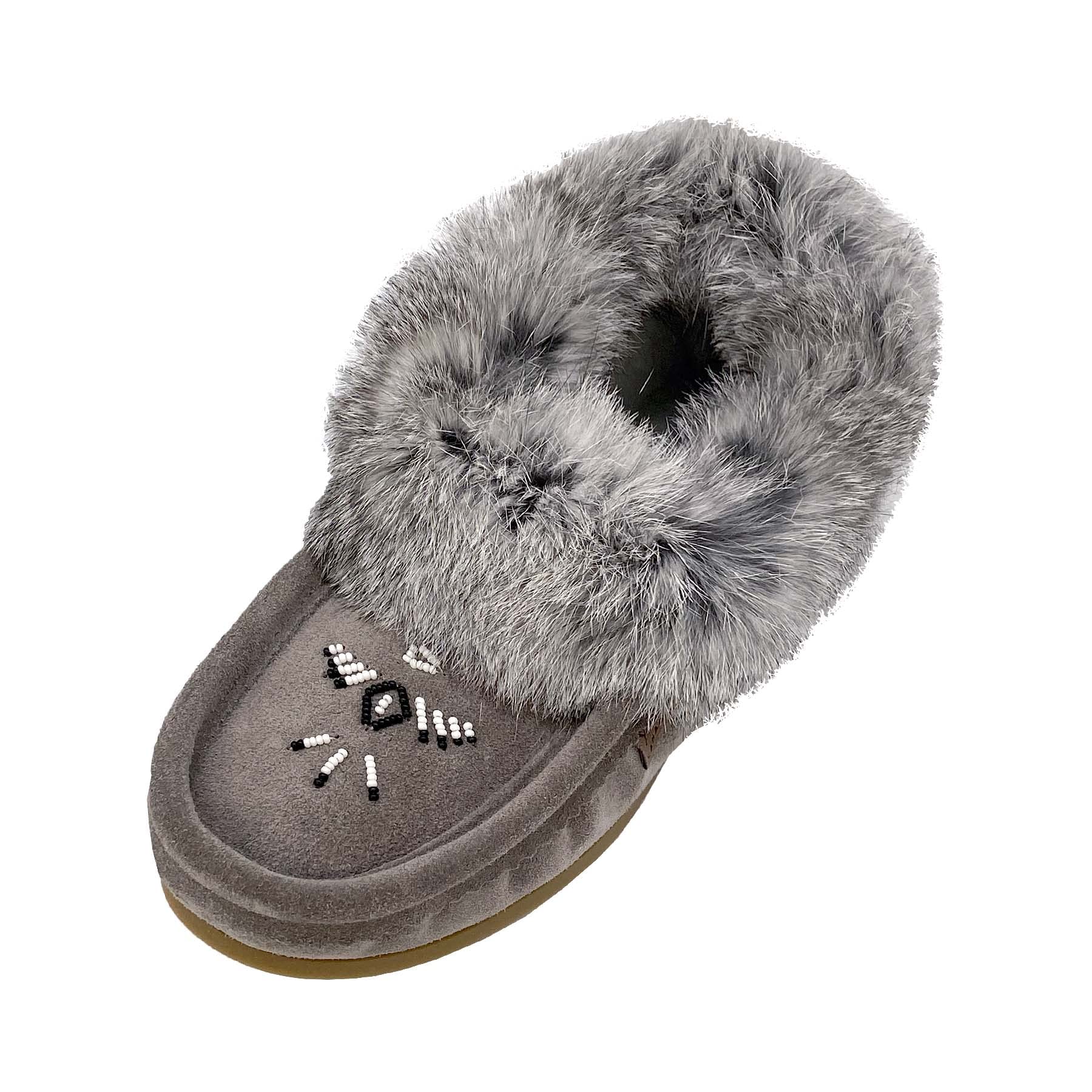 Laurentian Chief Women's Suede Slippers with Rabbit Fur Collar - Soft Sole Moccasins for Indoor Comfort & Cozy Home Wear