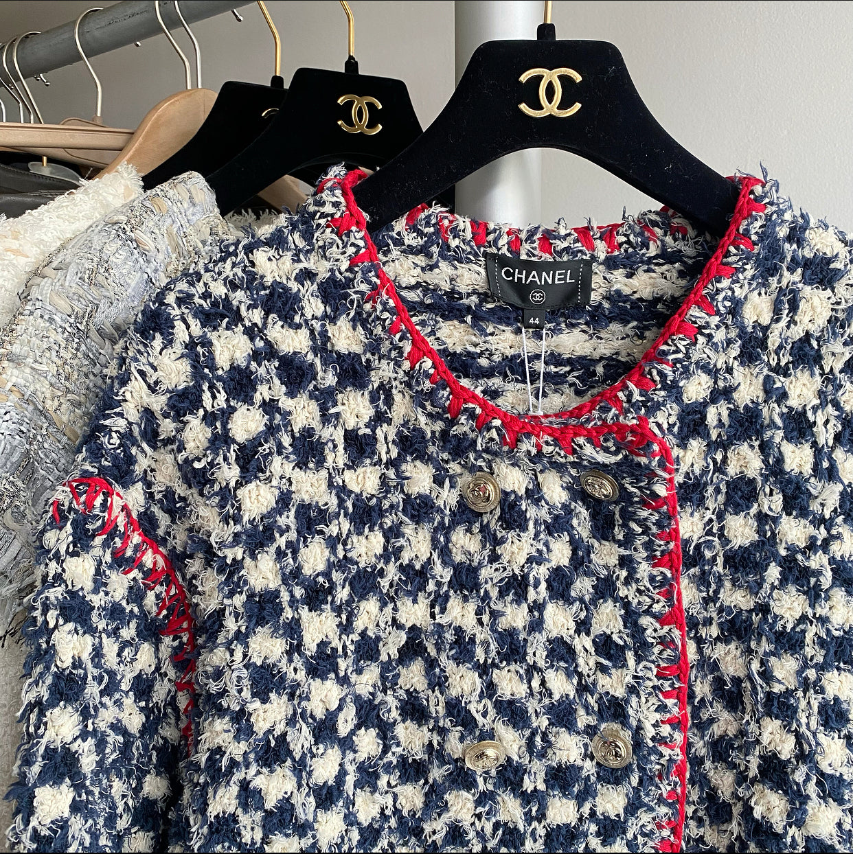 Chanel 21C Navy and Red Tweed Jacket Women's Size FR44 (US 12/L) - Luxury Tweed Blazer for Office, Party & Special Occasions