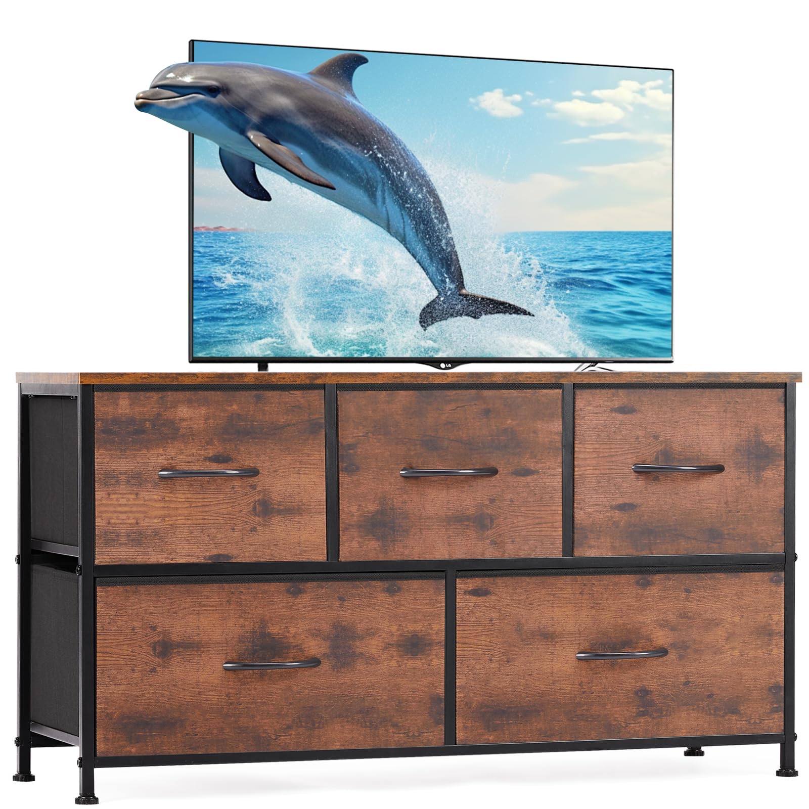 Sweet Crispy 5-Drawer Fabric Dresser Organizer - Wide Chest of Drawers for Bedroom Storage, TV Stand & Closet Organizer | Perfect for Living Room, Hallway & Home Organization