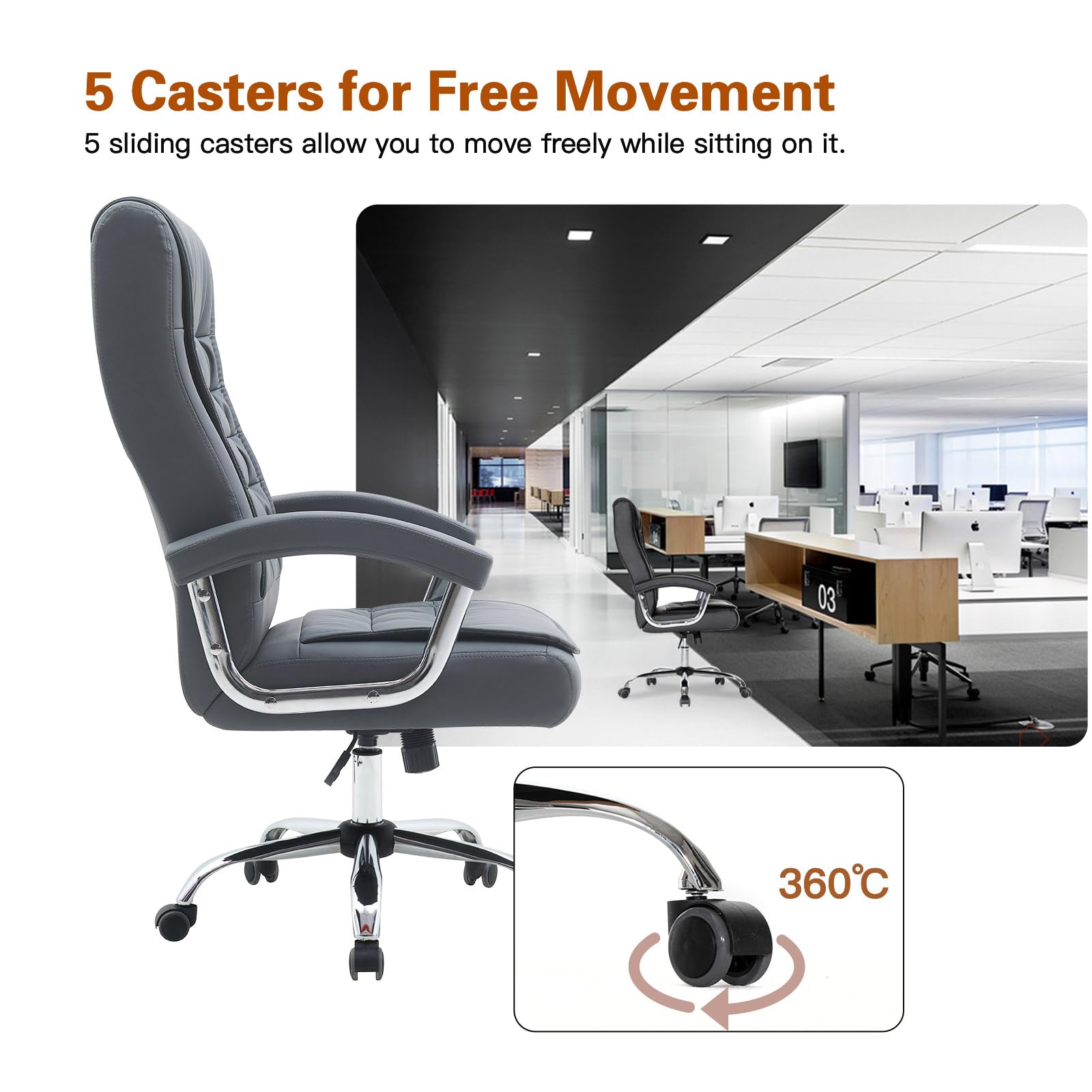 Premium Adjustable High Back Executive Office Chair - Ergonomic Leather Swivel Desk Chair with Padded Armrests & Spring Seat - Supports 350lbs - Home Office Computer Task Chair (Gray) - Perfect for Long Work Hours, Video Conferencing & Remote Work Comfort