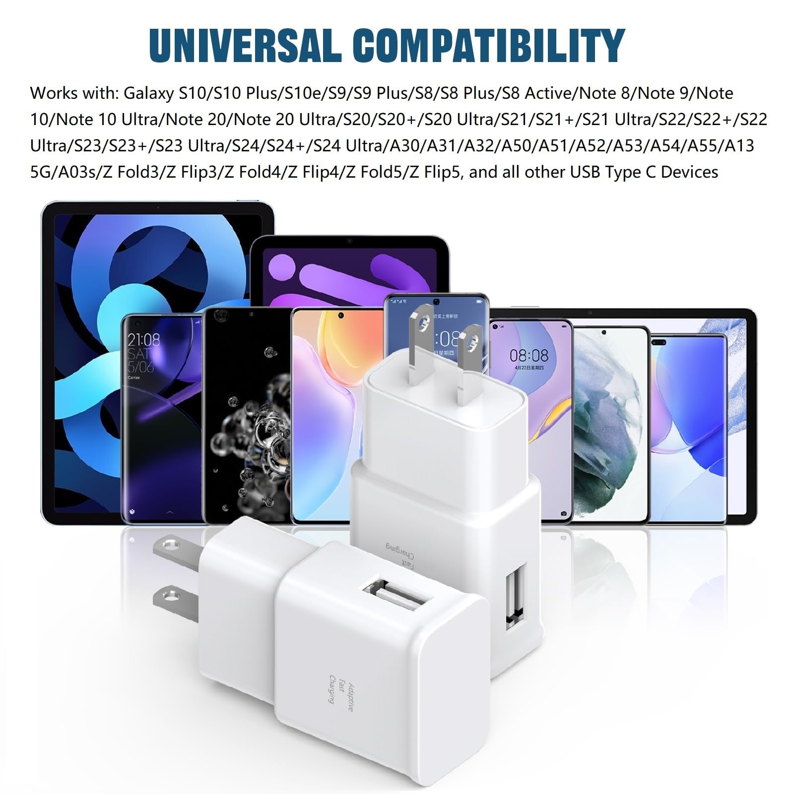 Fast Charging Cable & Wall Charger Block 2-Pack for Samsung Galaxy S10/S9/S8/Note 20/10/9/8/S20/S21/S22/S23/S24 Ultra/A52/A53/A54/A55 - 6ft USB-C Cable with Quick Charge - Perfect for Home, Office & Travel Charging