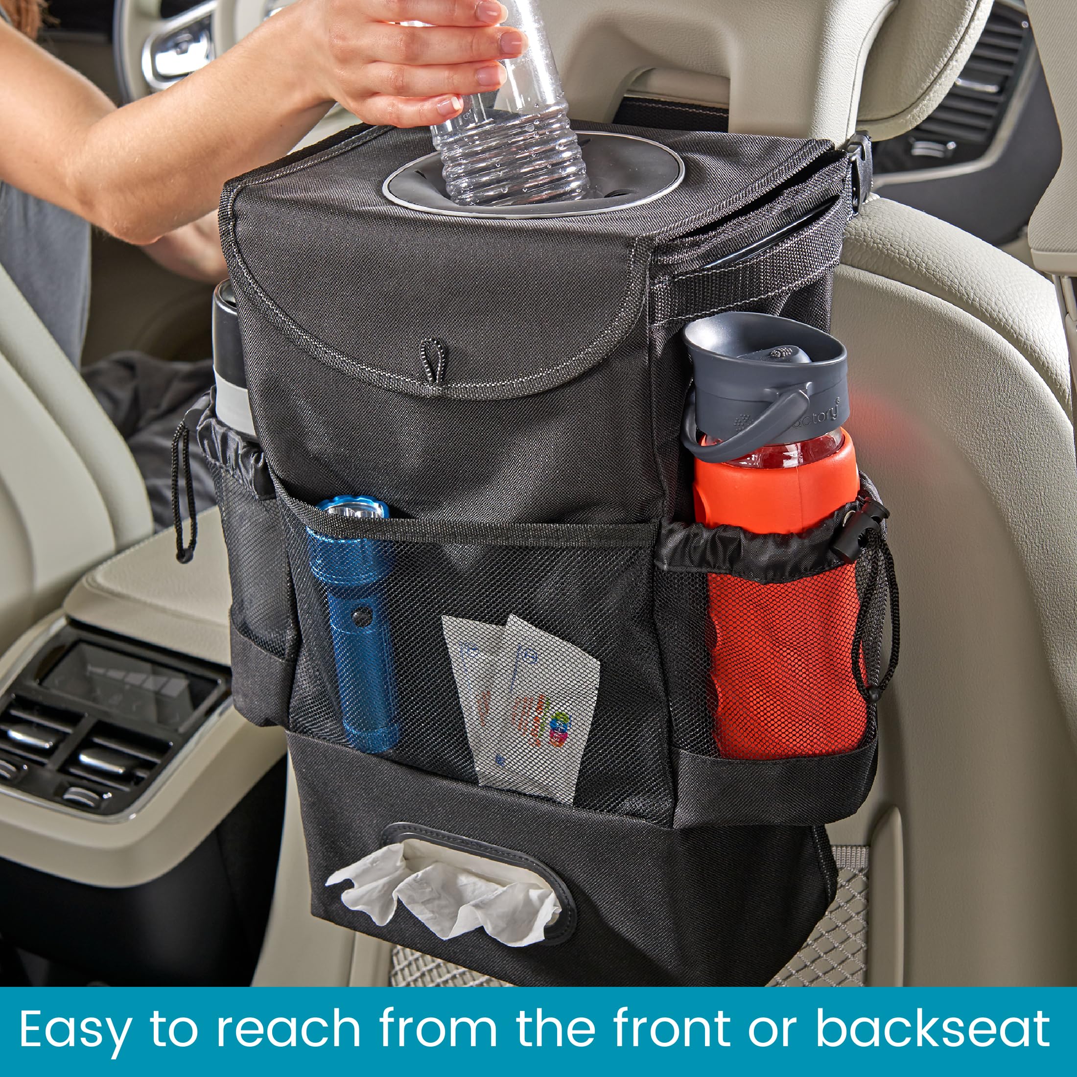 High Road StashAway Large Car Trash Can for Back Seat - 3 Gallon Auto Garbage Bin with Lid, Tissue Holder & Bottle Pockets - Seatback Organizer for SUVs, Trucks & Vans | Perfect for Road Trips, Family Travel & Daily Commute