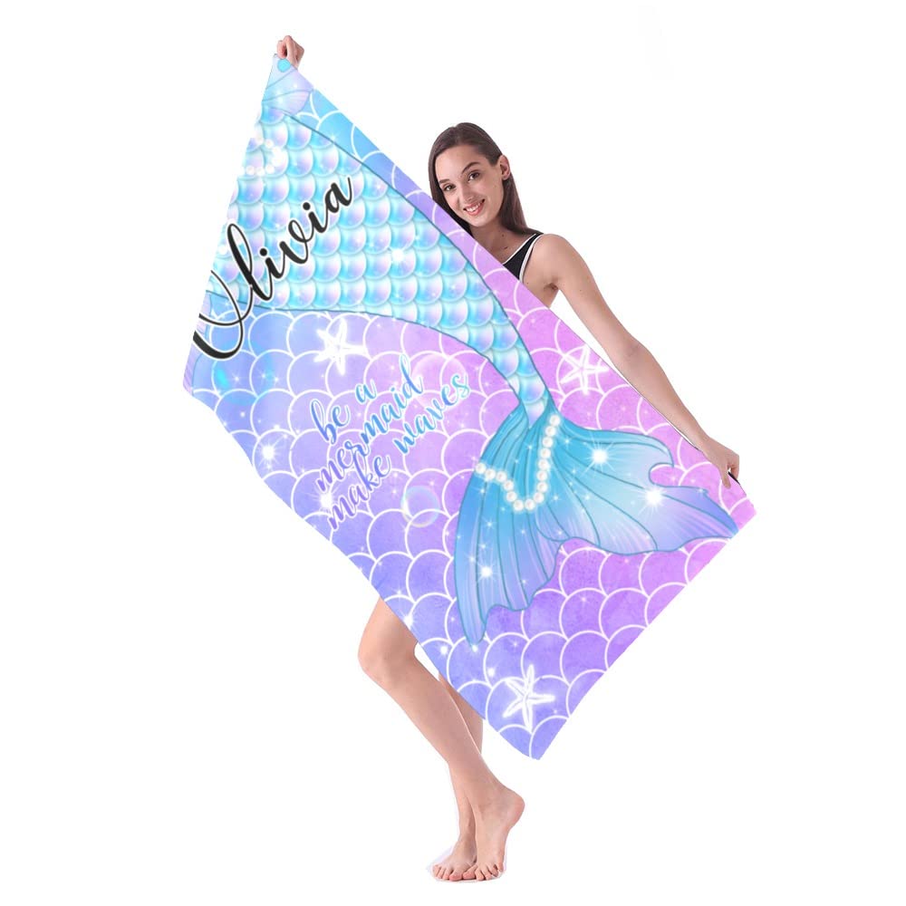 Custom Personalized Mermaid Beach Towel for Kids & Girls - Embroidered Name Mermaid Tail Towel (Black) | Perfect for Pool, Beach, Vacation & Summer Gifts
