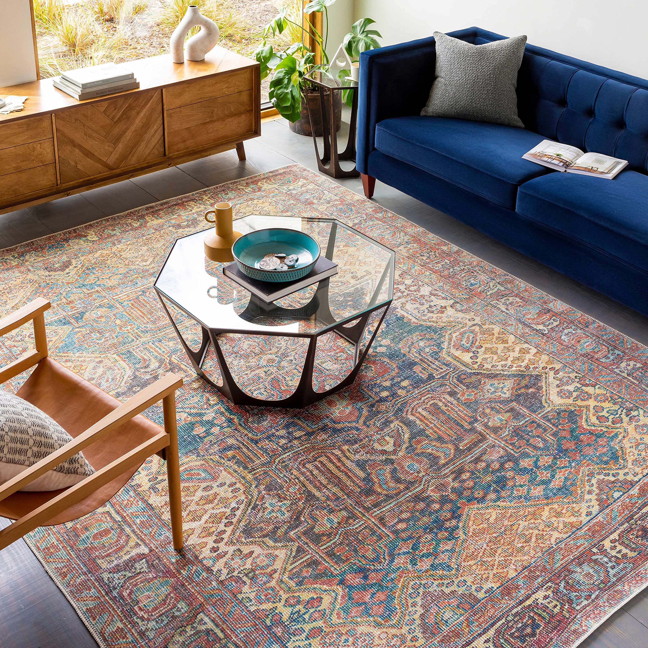 Hauteloom Mahaba Machine Washable Area Rug - Traditional Design in Orange, Blue, Beige - 8'10