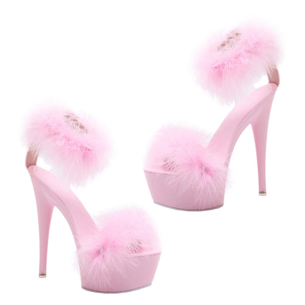 Happyyami Women's Fluffy Feather High Heel Sandals - Faux Fur Pointed Toe Fuzzy Slippers for Party, Wedding & Evening Events - Comfortable Clear Heel Dress Shoes for Women