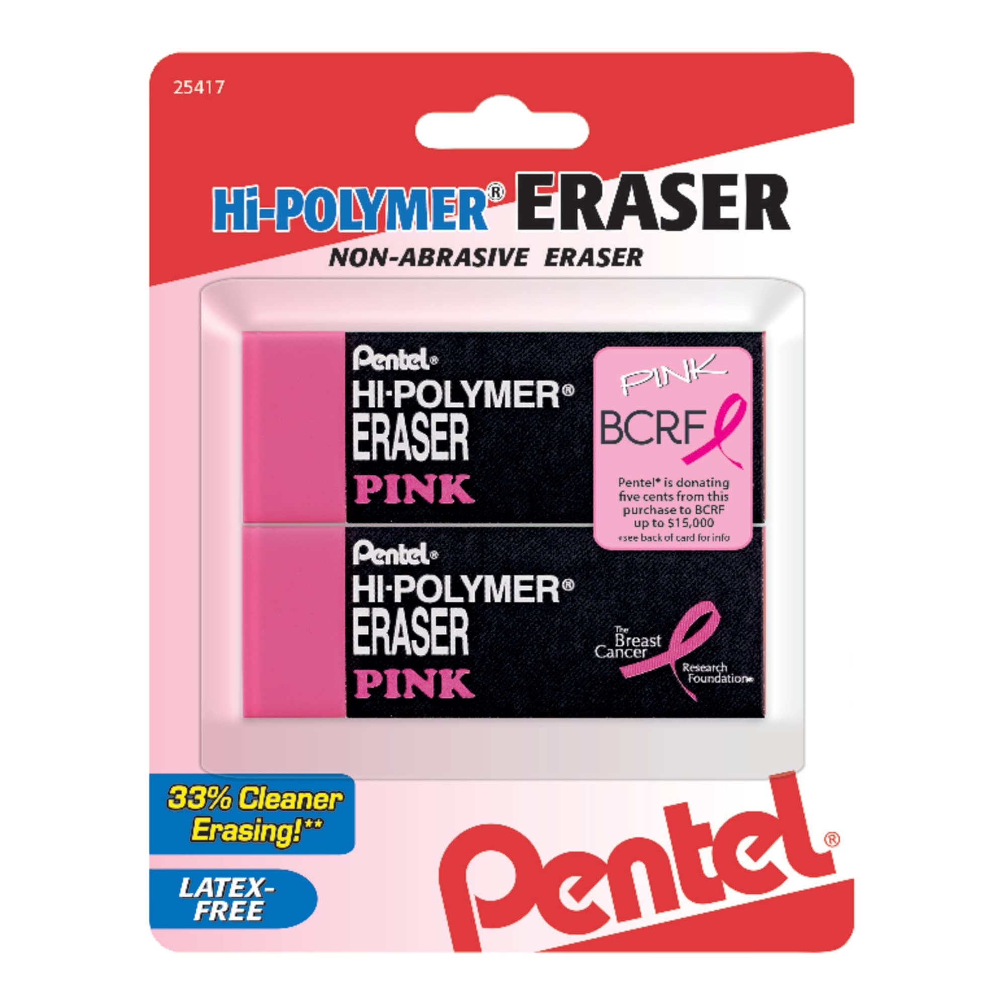 Pentel PINK BCA Hi-Polymer Block Eraser, Large Pink 2-Pack (ZEH10BCBP2) - Premium Erasers for School, Office & Art Projects - Smooth Erasing for Pencils, Drafting & Sketching