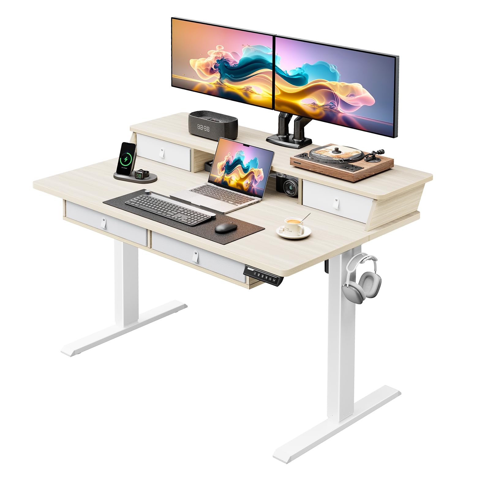 ErGear 48 x 30 Inches Electric Standing Desk with Drawers - Height Adjustable Sit Stand Desk with Storage, 4 Memory Presets & Cable Management Tray - Natural Wood Home Office Desk for Computer Work, Gaming & Study