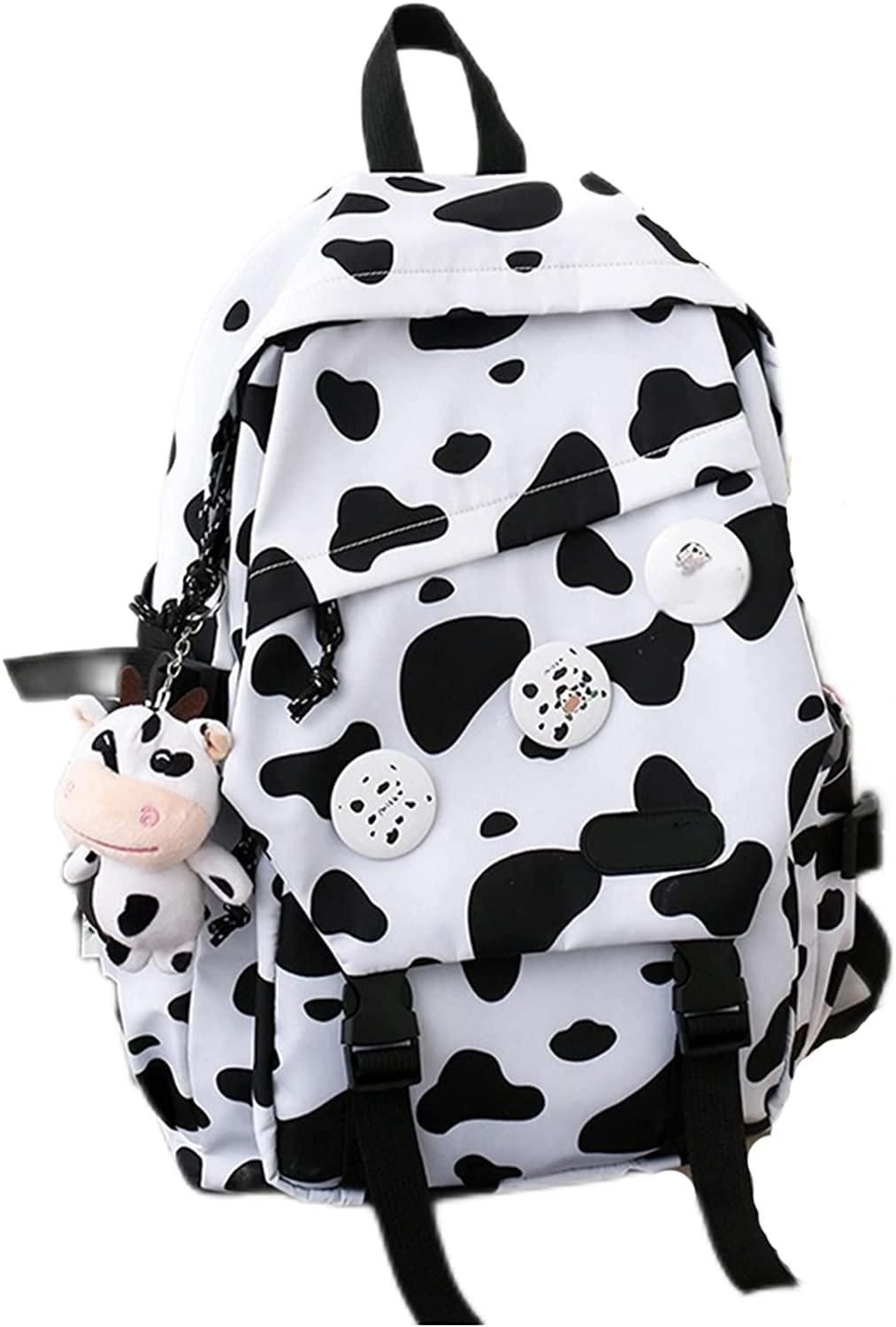 Cow Print Backpack for Women & Teens - Stylish School & College Bookbag with Calf Pendant, Laptop Backpack for Girls (White) - Perfect for School, Travel & Everyday Use