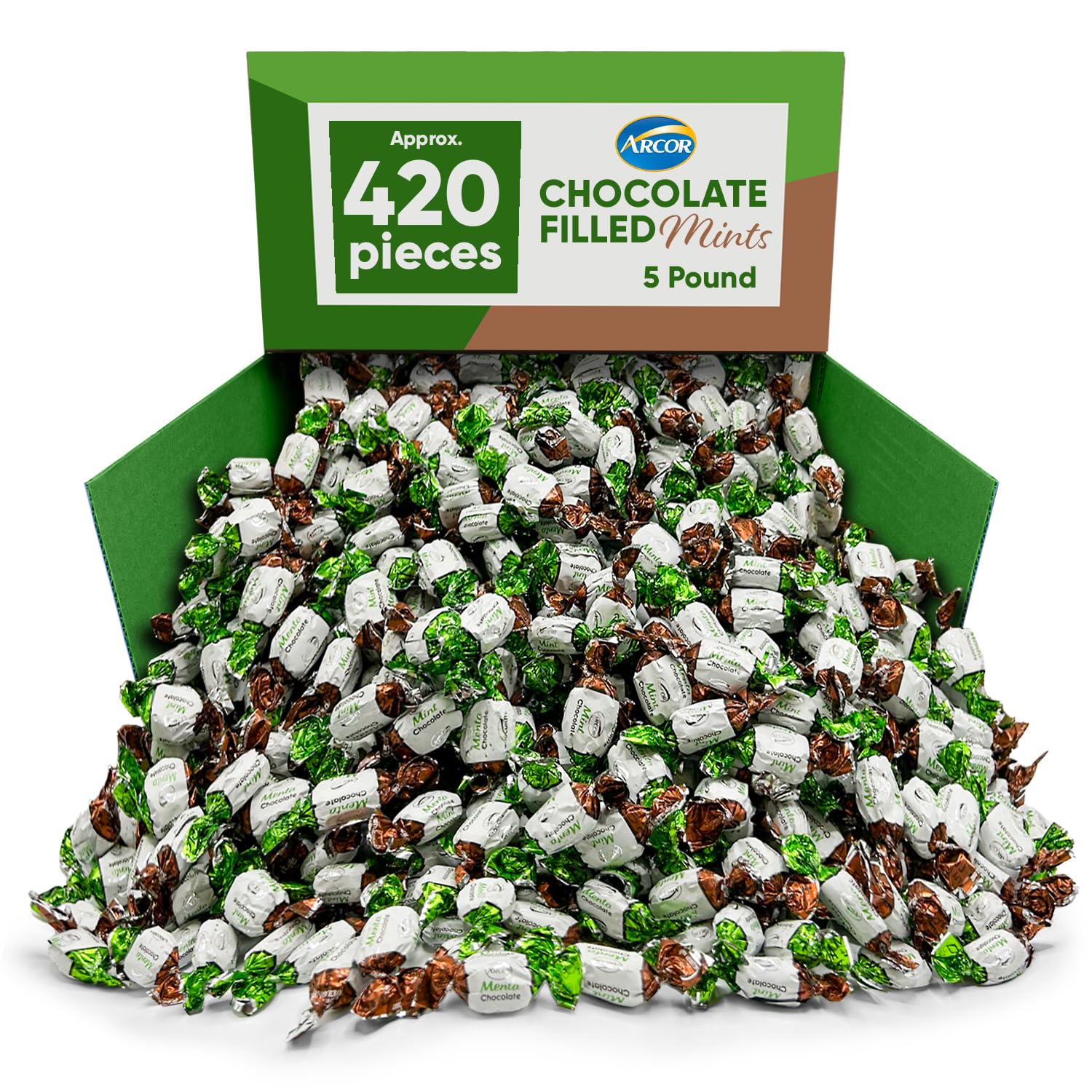 Arcor Mint Chocolate Candy Filled - Bulk Individually Wrapped Chocolate Mints (5 lbs, Approx 420 Pieces) - Perfect for Party Favors, Office Treats & Gift Baskets