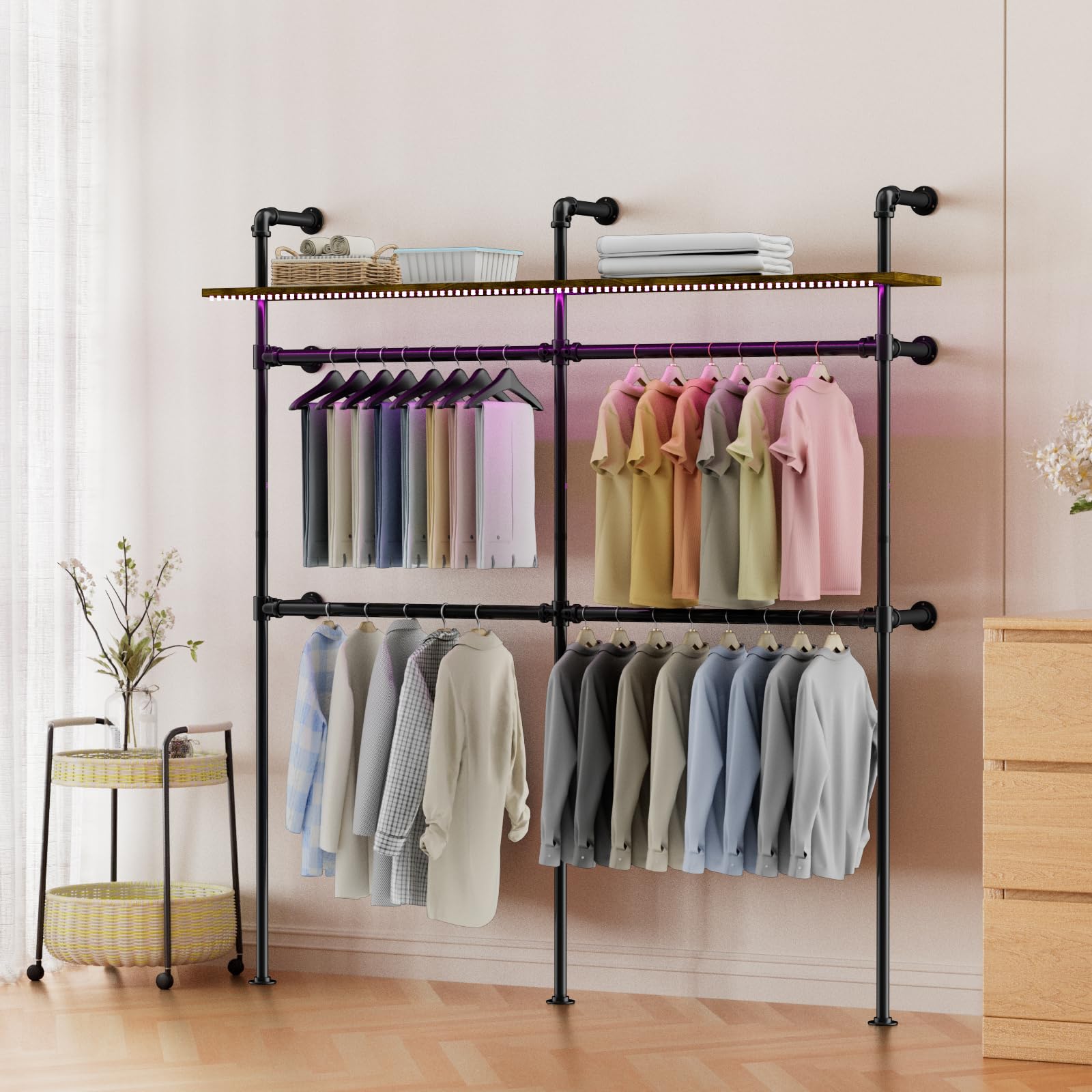 ROOMTEC Heavy Duty Industrial Pipe Clothing Rack - Wall Mounted Garment Rack with LED Lights & Shelves, Walk-in Closet System for Home, Office, or Retail Store Organization